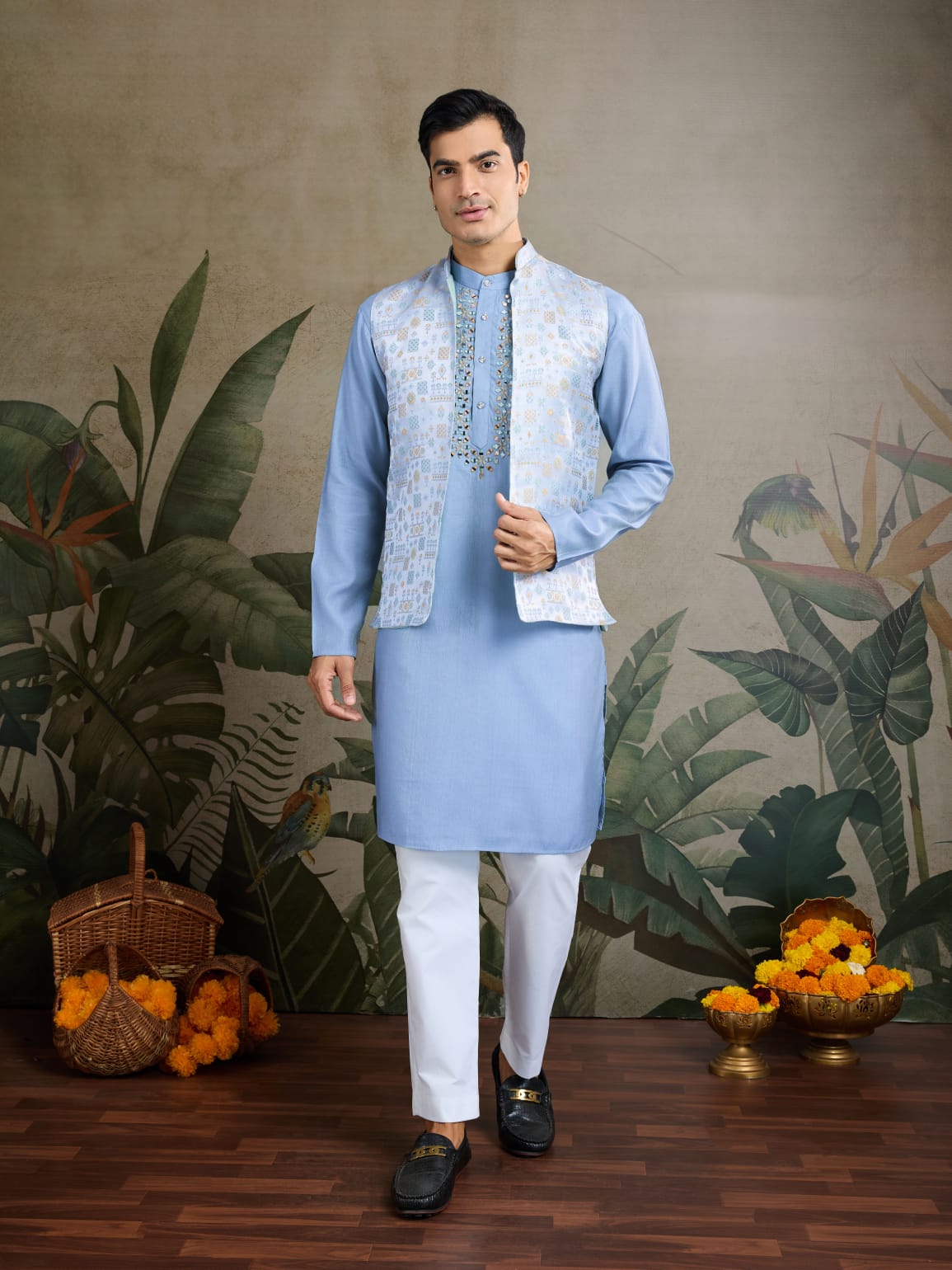 Royal Charm Viscose Silk Sky Blue Kurta Koti Set