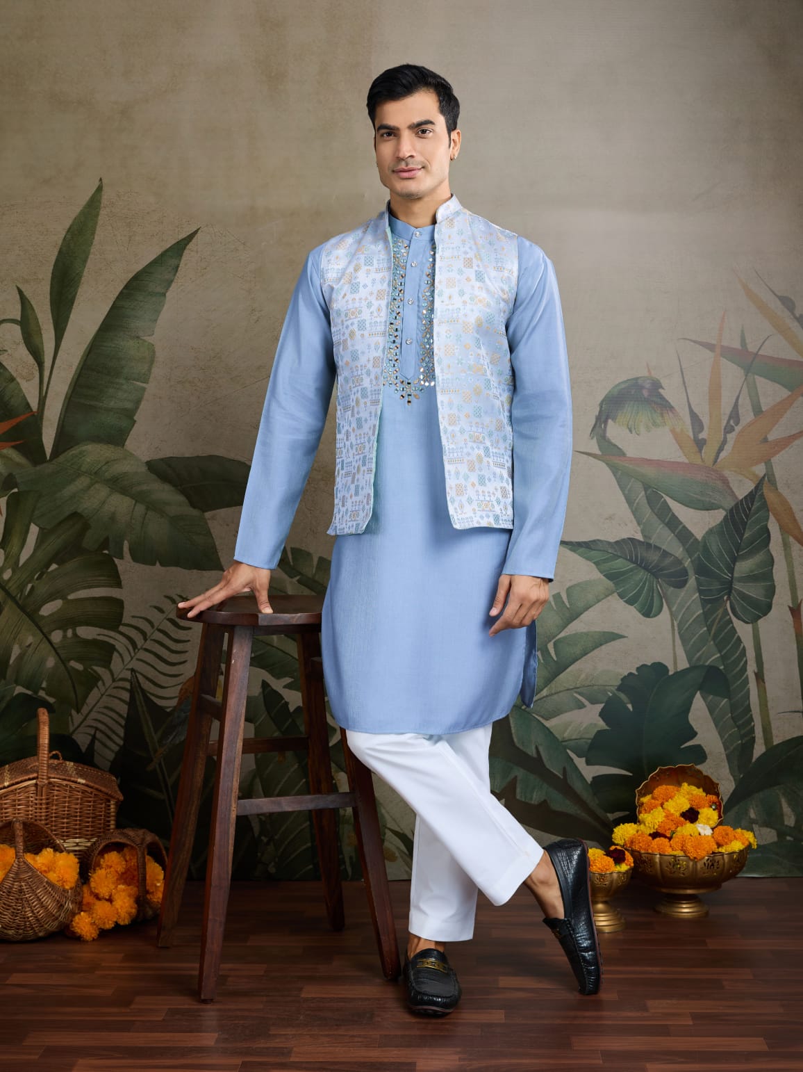 Royal Charm Viscose Silk Sky Blue Kurta Koti Set