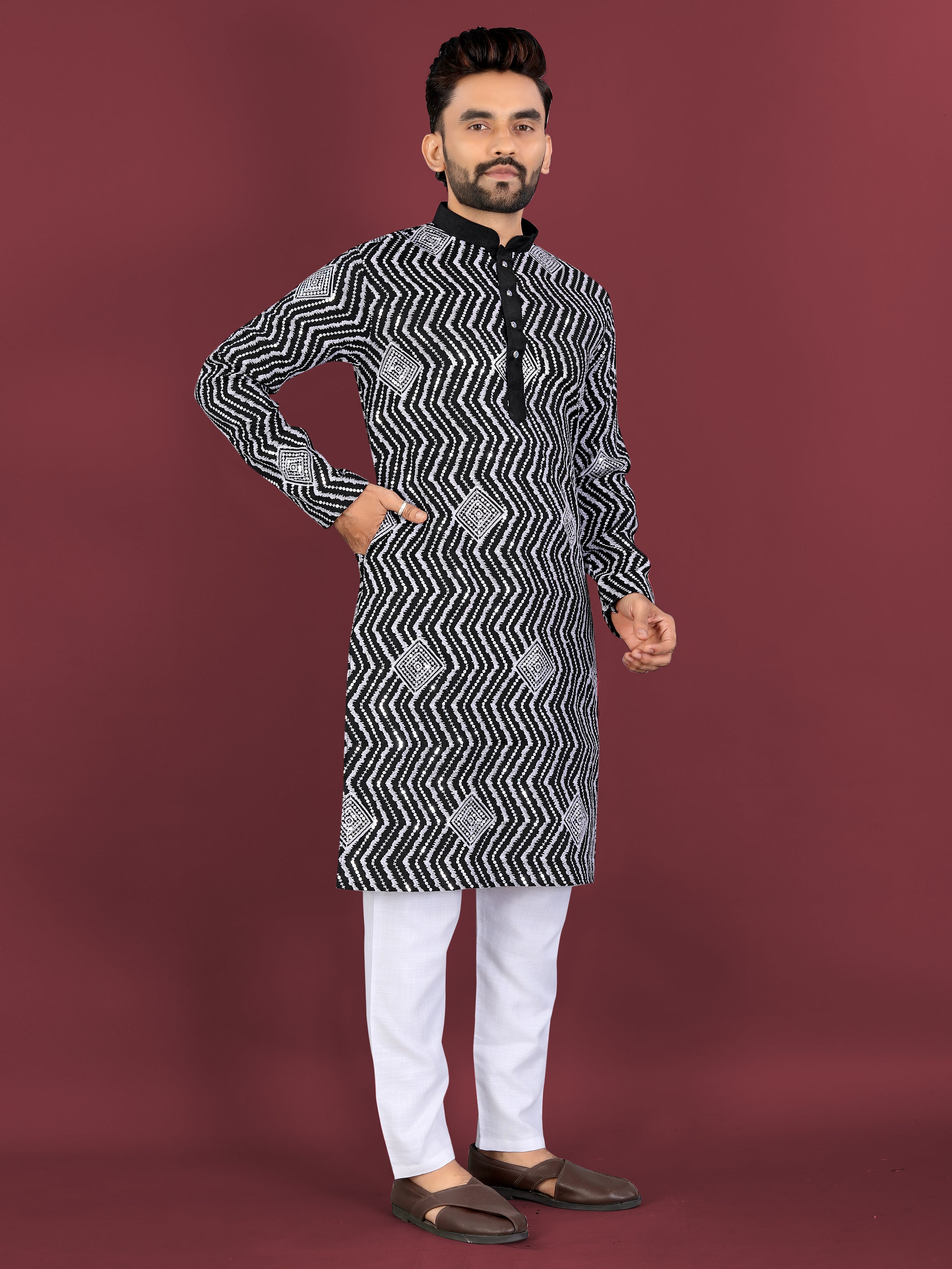 Men’s Saiyaara  Silk Kurta with Cross Embroidery Black