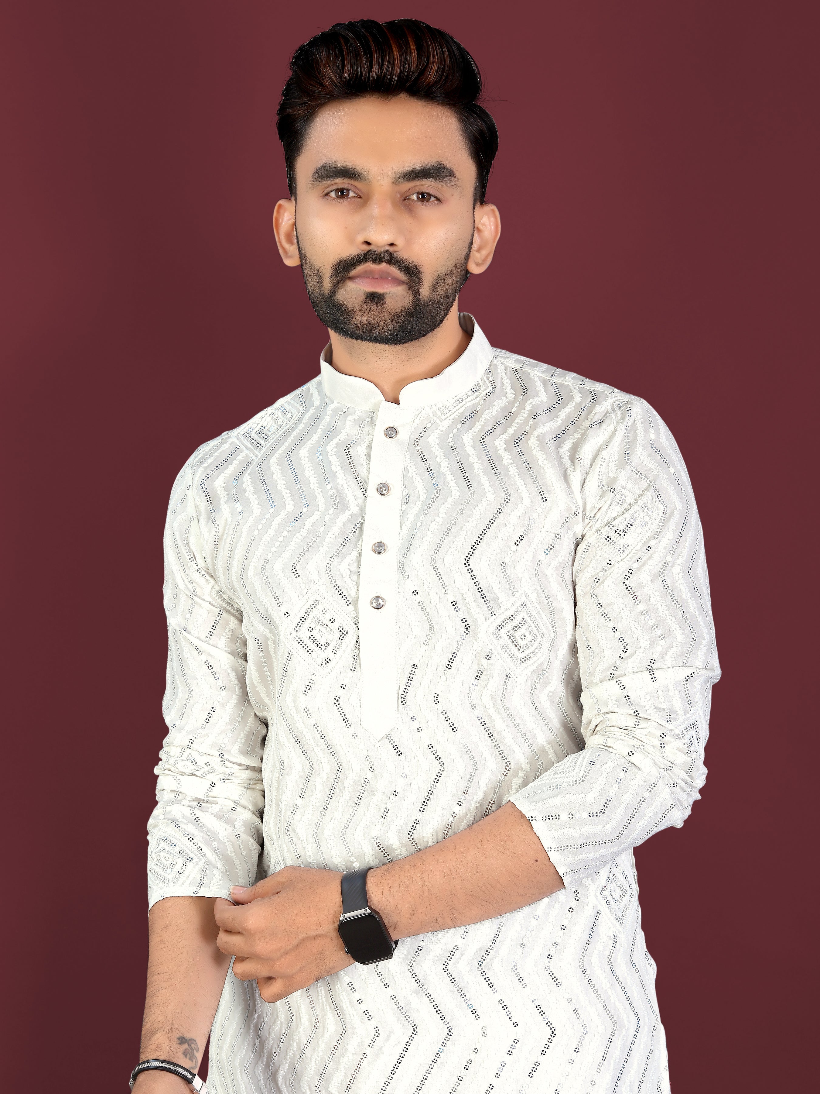 Men’s Saiyaara  Silk Kurta with Cross Embroidery Off-white