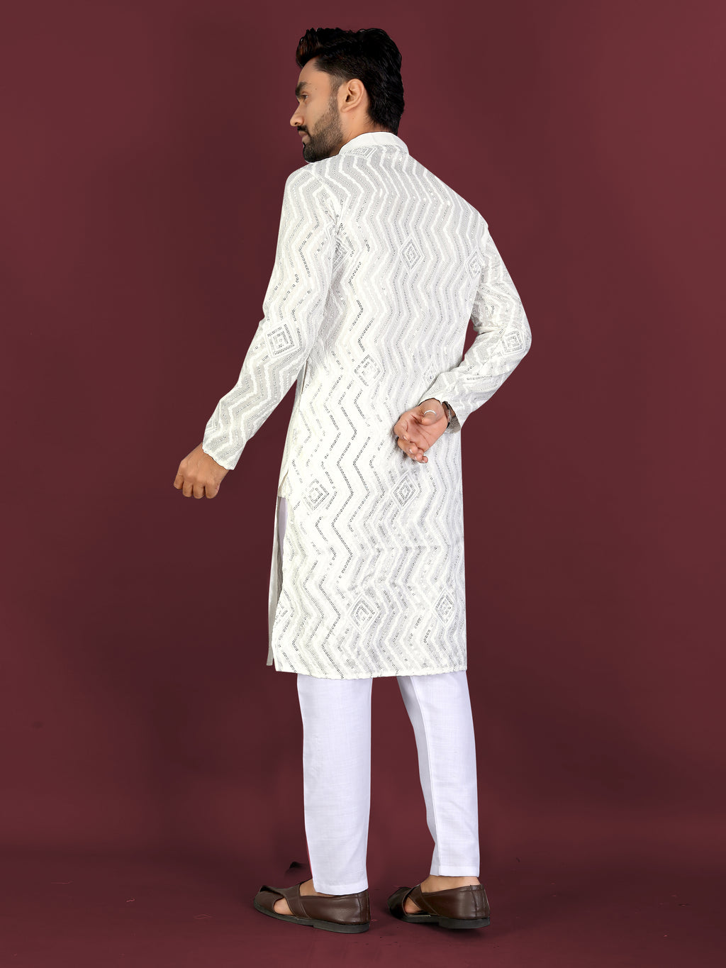 Men’s Saiyaara  Silk Kurta with Cross Embroidery Off-white