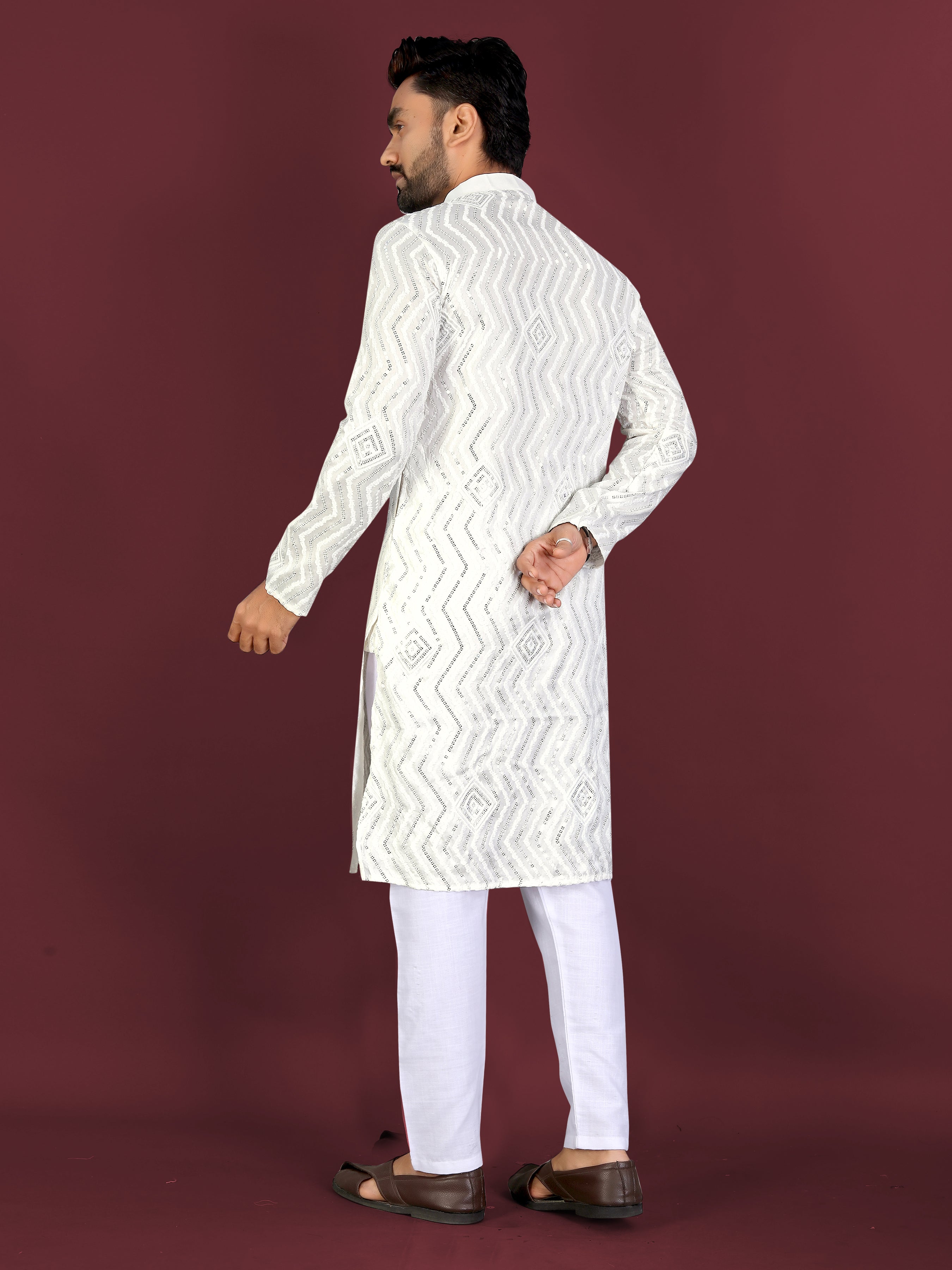 Men’s Saiyaara  Silk Kurta with Cross Embroidery Off-white
