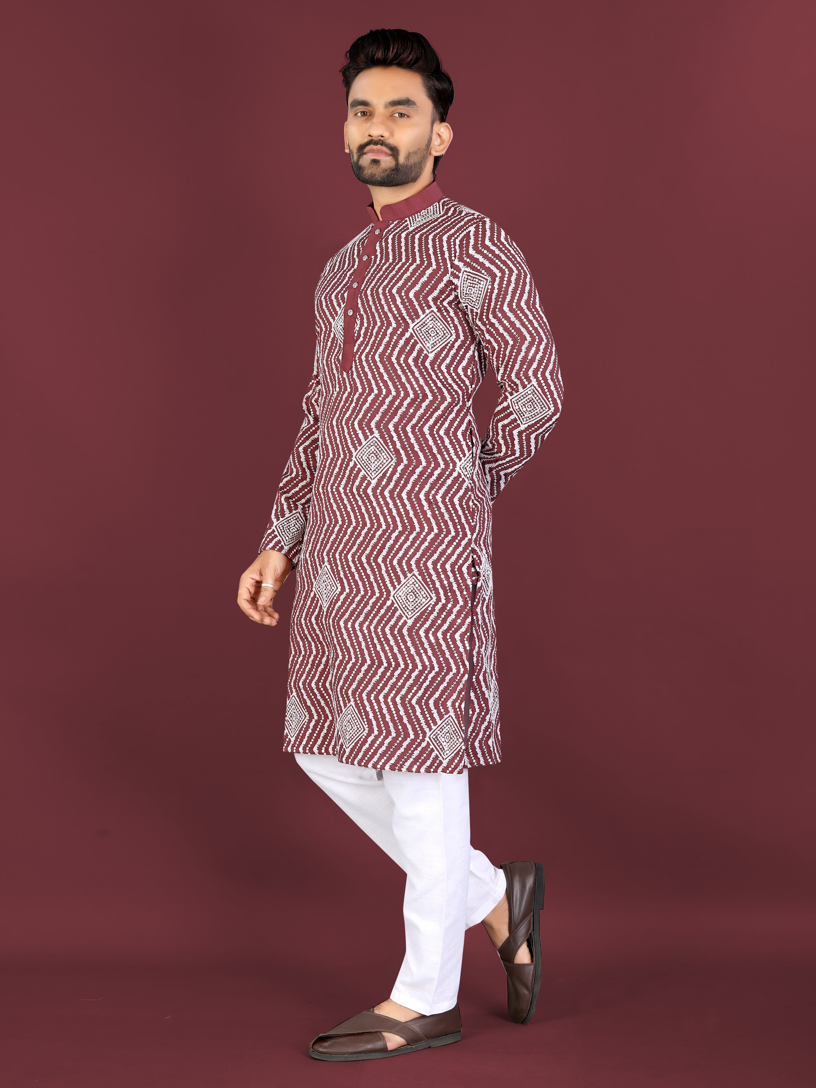 Men’s Saiyaara  Silk Kurta with Cross Embroidery Maroon