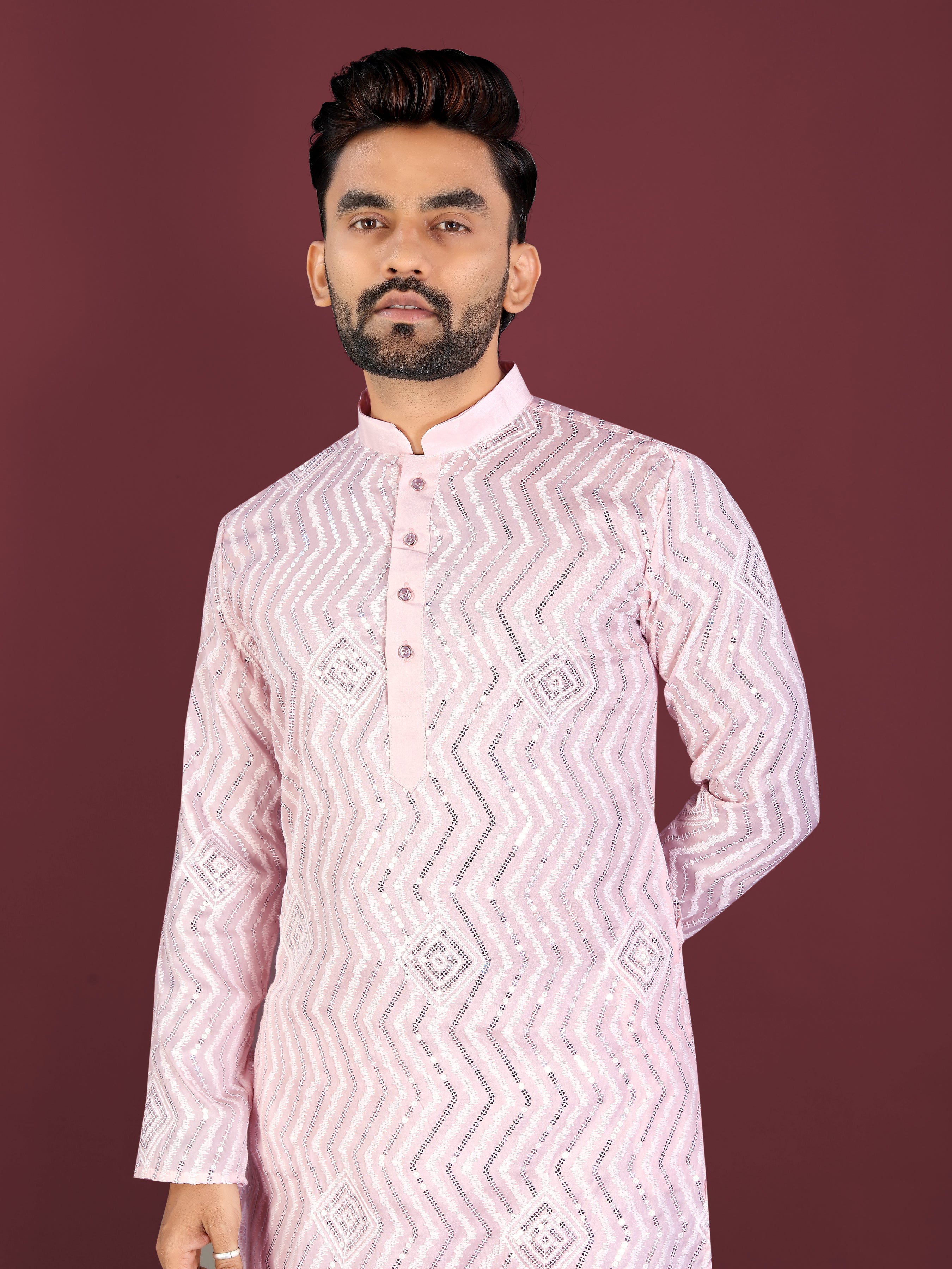 Men’s Saiyaara  Silk Kurta with Cross Embroidery Baby Pink