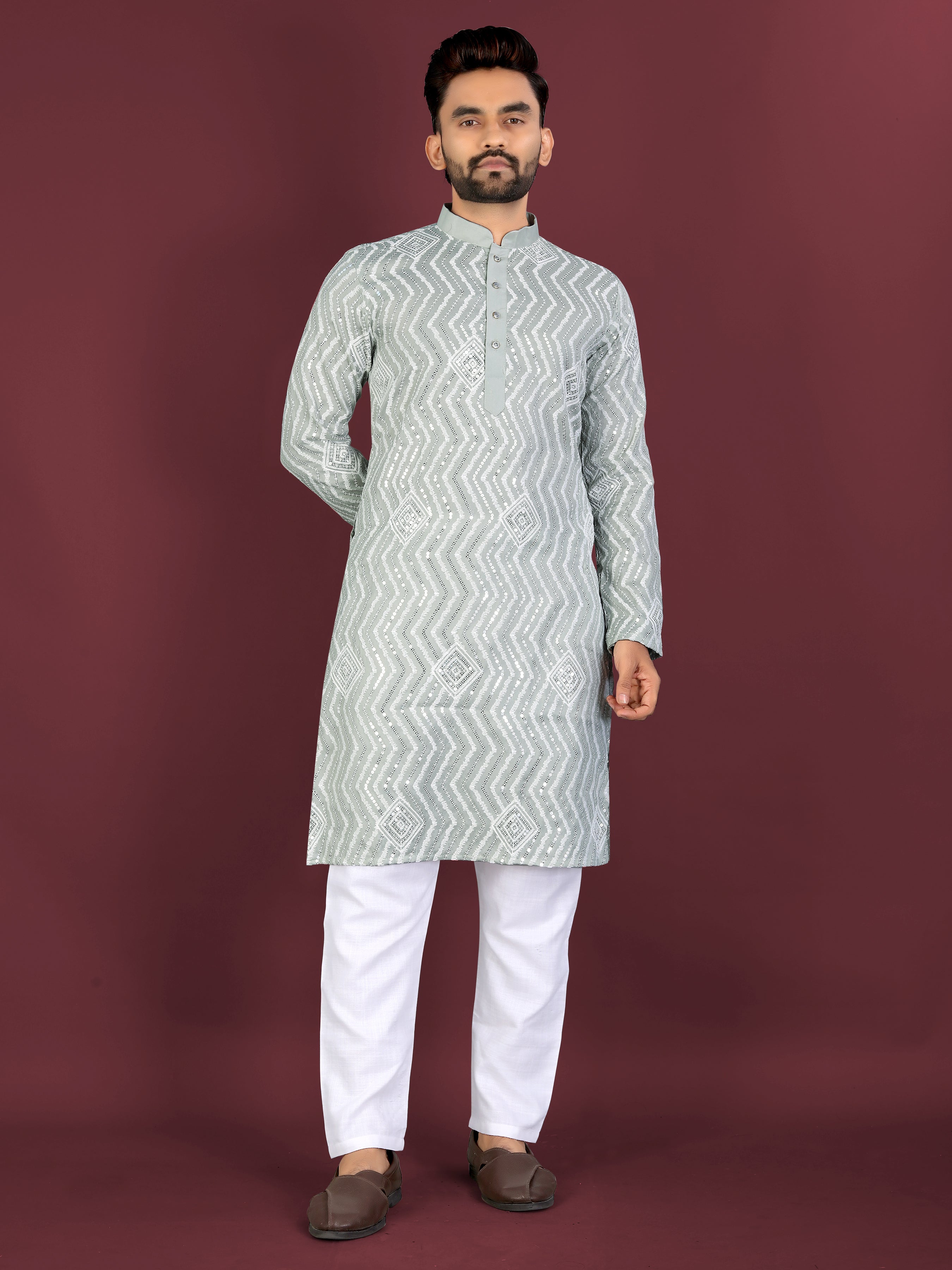 Men’s Saiyaara  Silk Kurta with Cross Embroidery Pista