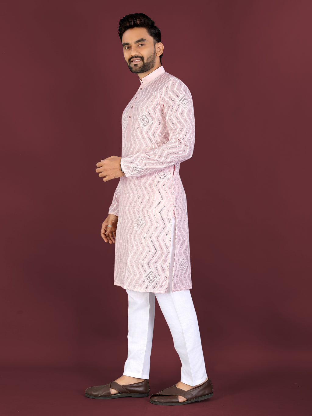 Men’s Saiyaara  Silk Kurta with Cross Embroidery Baby Pink