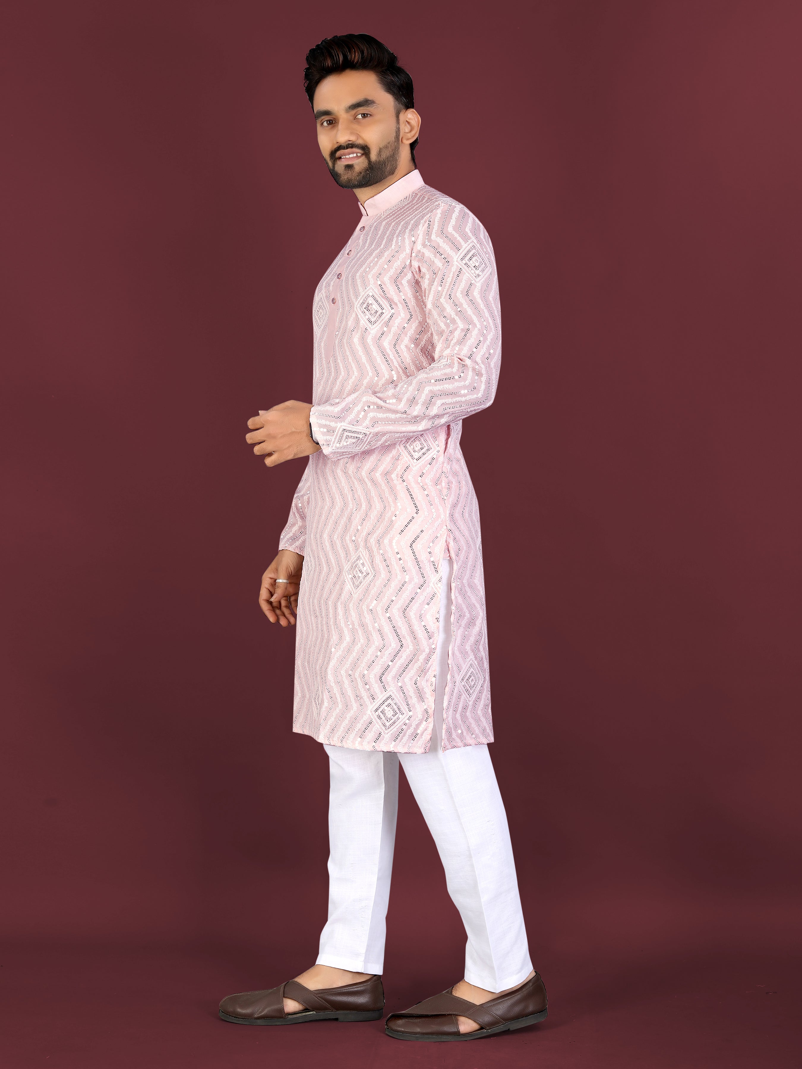 Men’s Saiyaara  Silk Kurta with Cross Embroidery Baby Pink