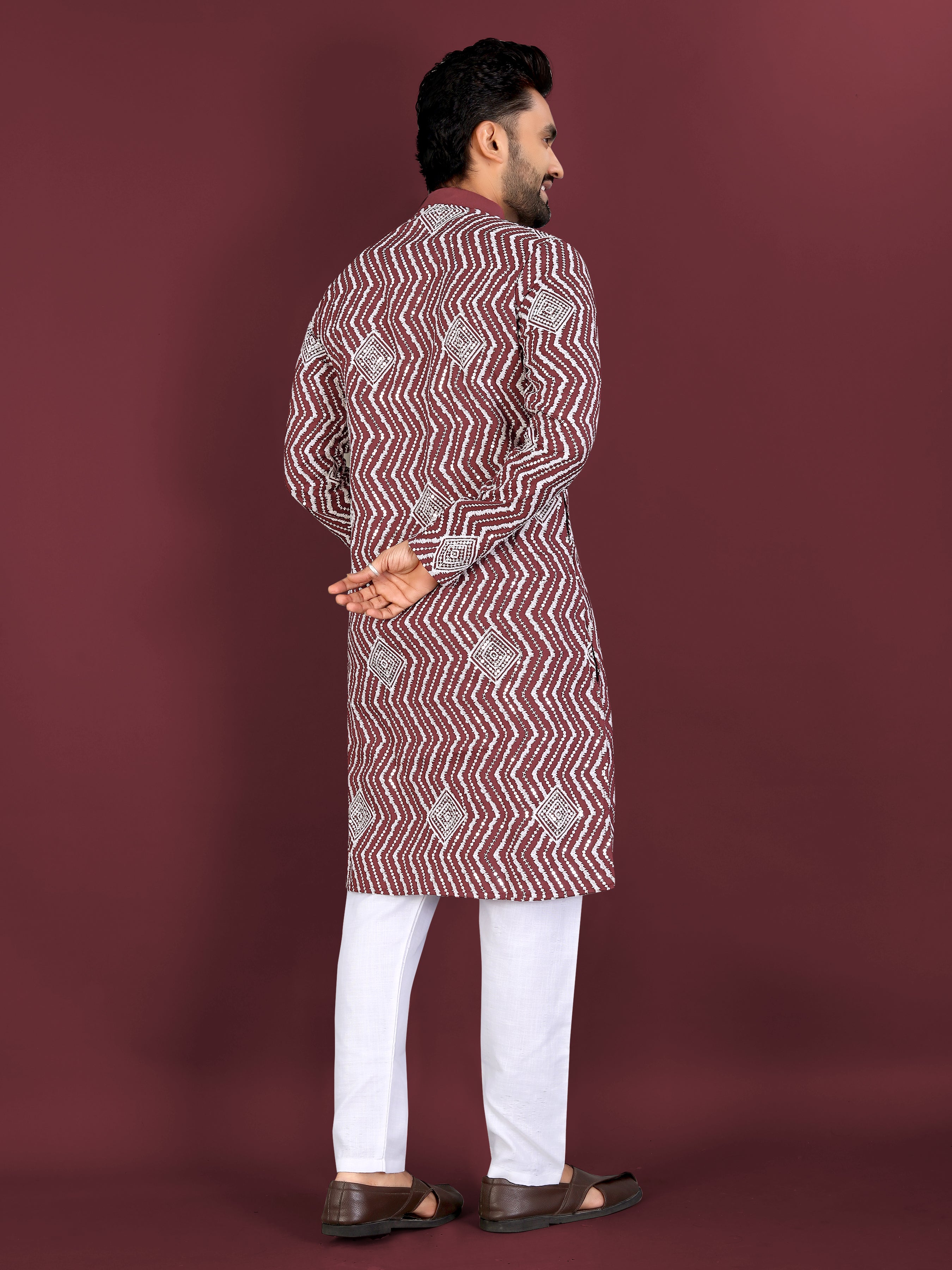 Men’s Saiyaara  Silk Kurta with Cross Embroidery Maroon