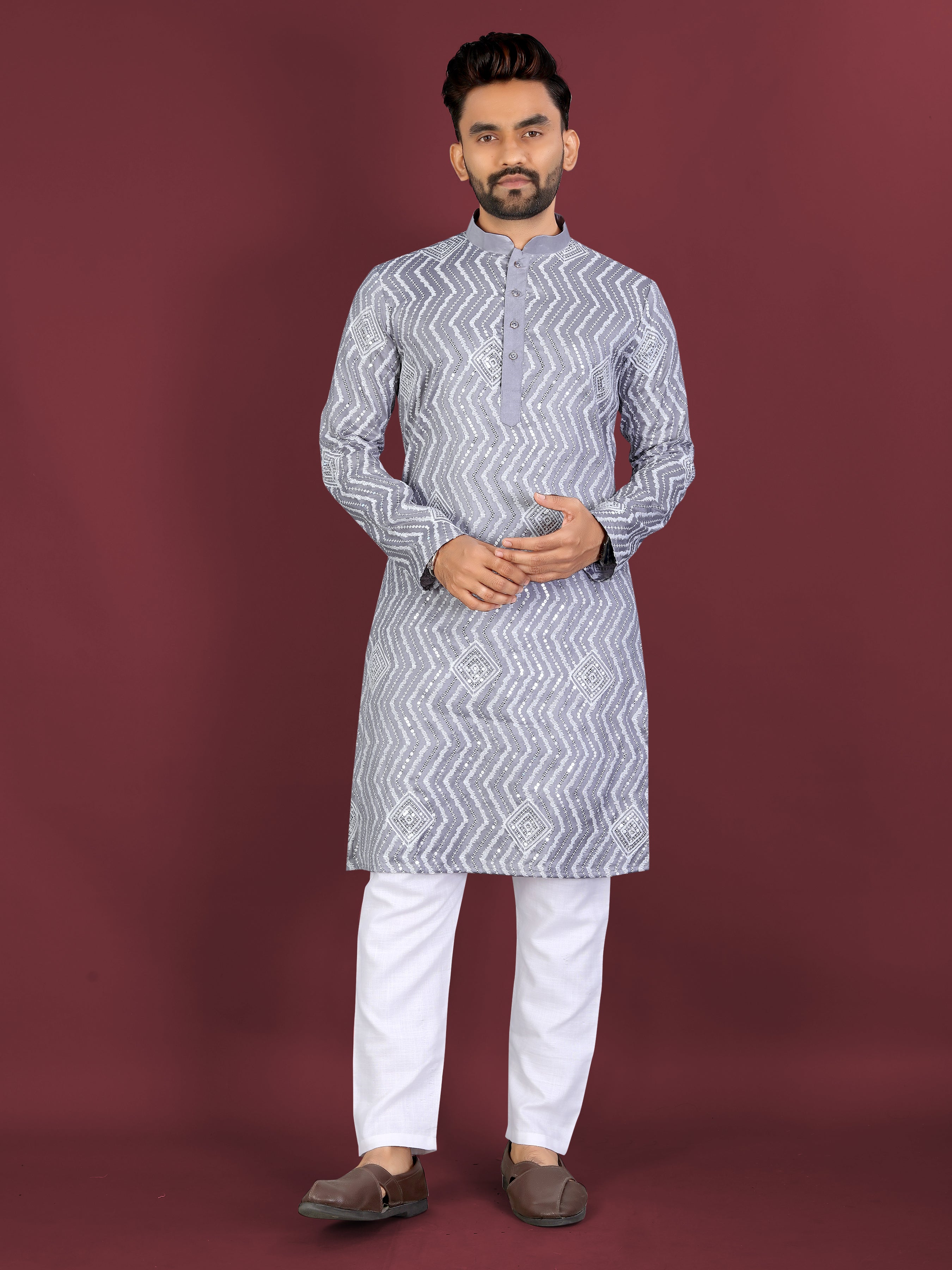 Men’s Saiyaara  Silk Kurta with Cross Embroidery Grey