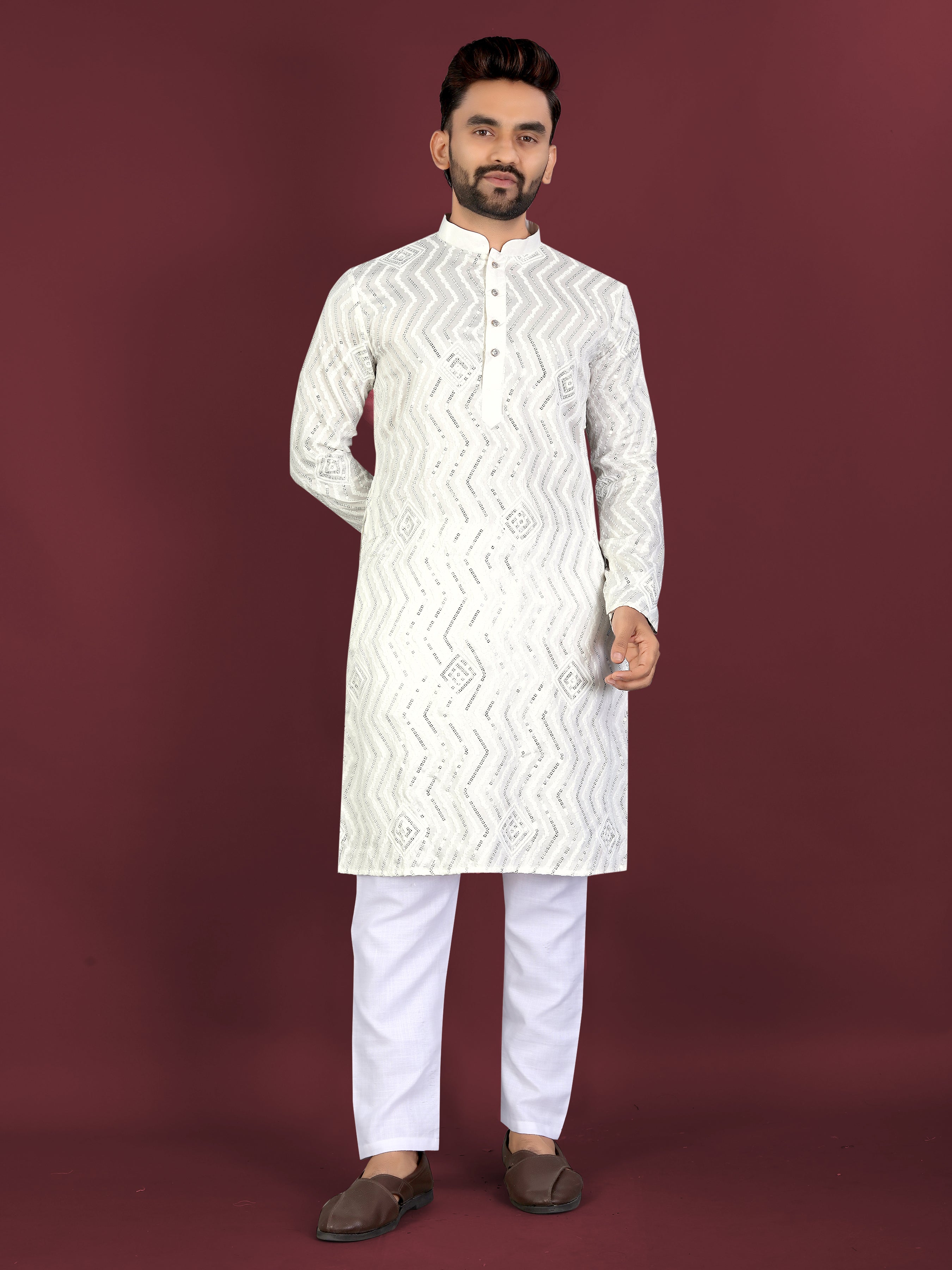 Men’s Saiyaara  Silk Kurta with Cross Embroidery Off-white