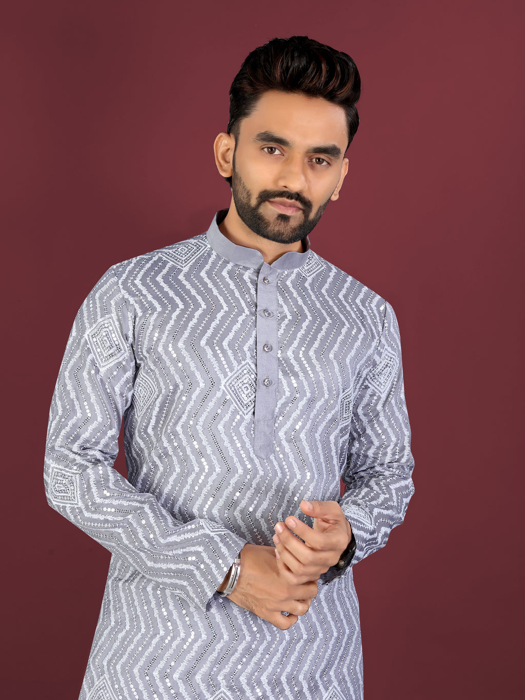 Men’s Saiyaara  Silk Kurta with Cross Embroidery Grey