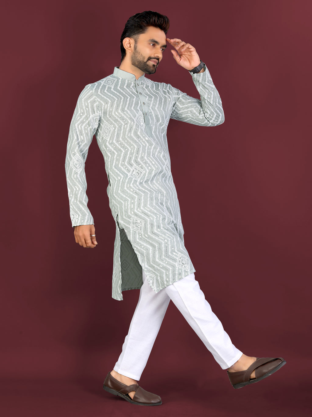 Men’s Saiyaara  Silk Kurta with Cross Embroidery Pista