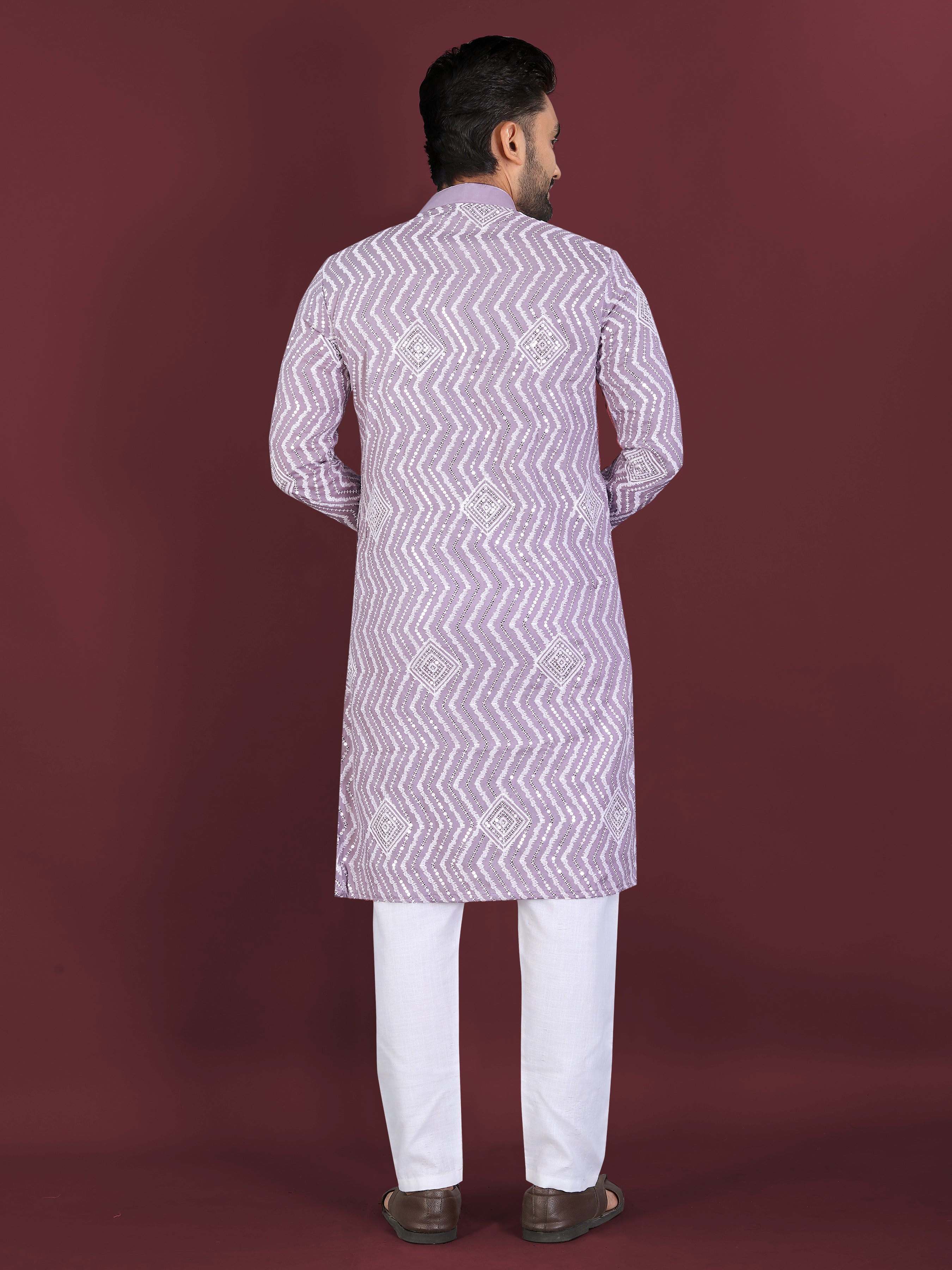 Men’s Saiyaara  Silk Kurta with Cross Embroidery Lavender