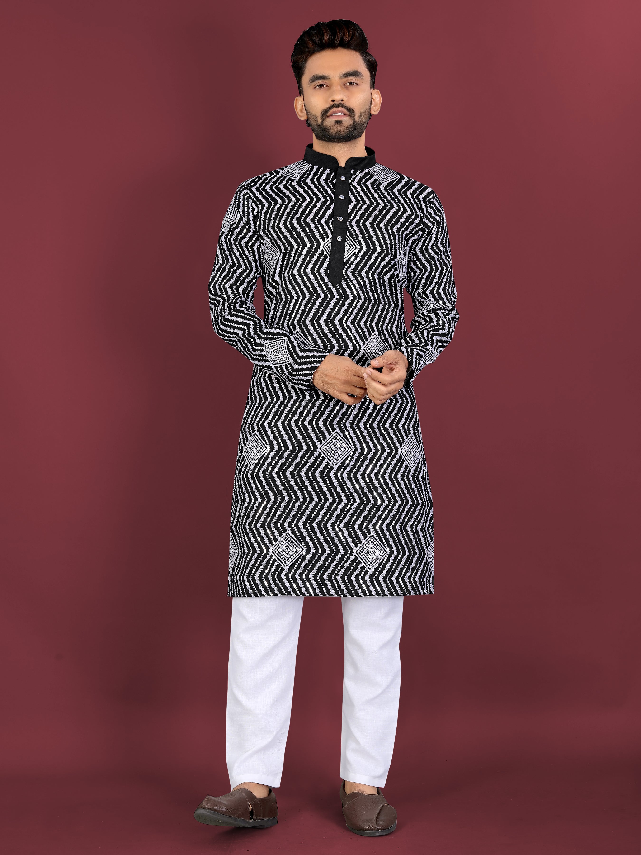 Men’s Saiyaara  Silk Kurta with Cross Embroidery Black