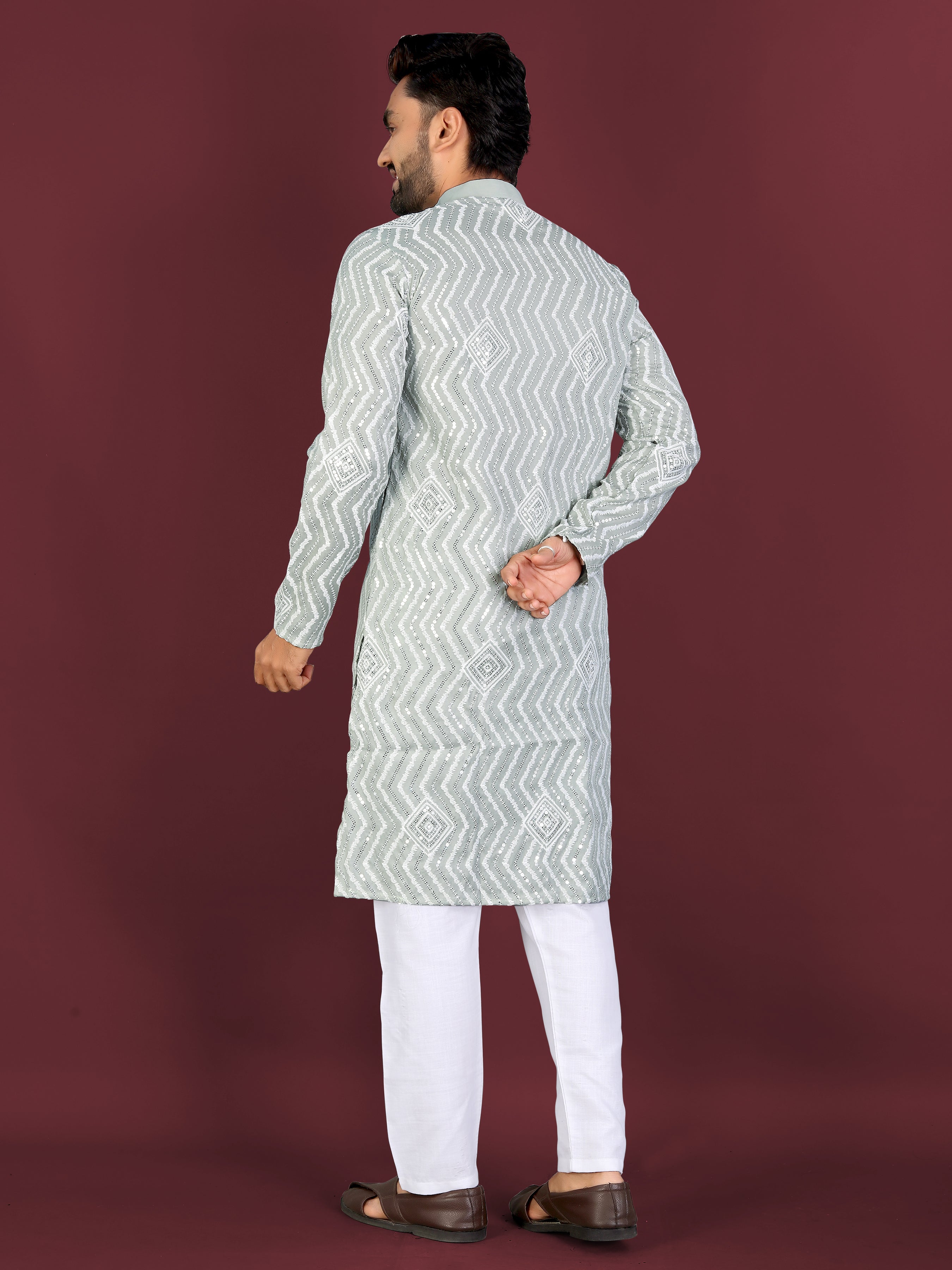 Men’s Saiyaara  Silk Kurta with Cross Embroidery Pista