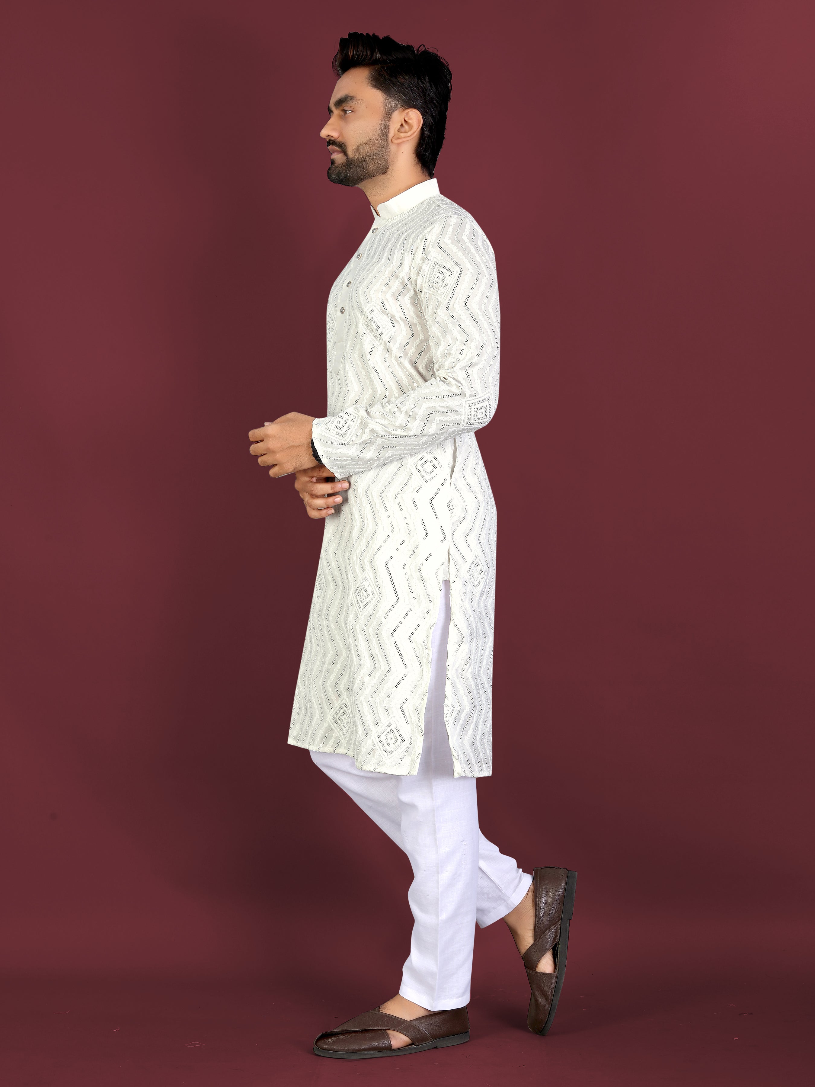 Men’s Saiyaara  Silk Kurta with Cross Embroidery Off-white
