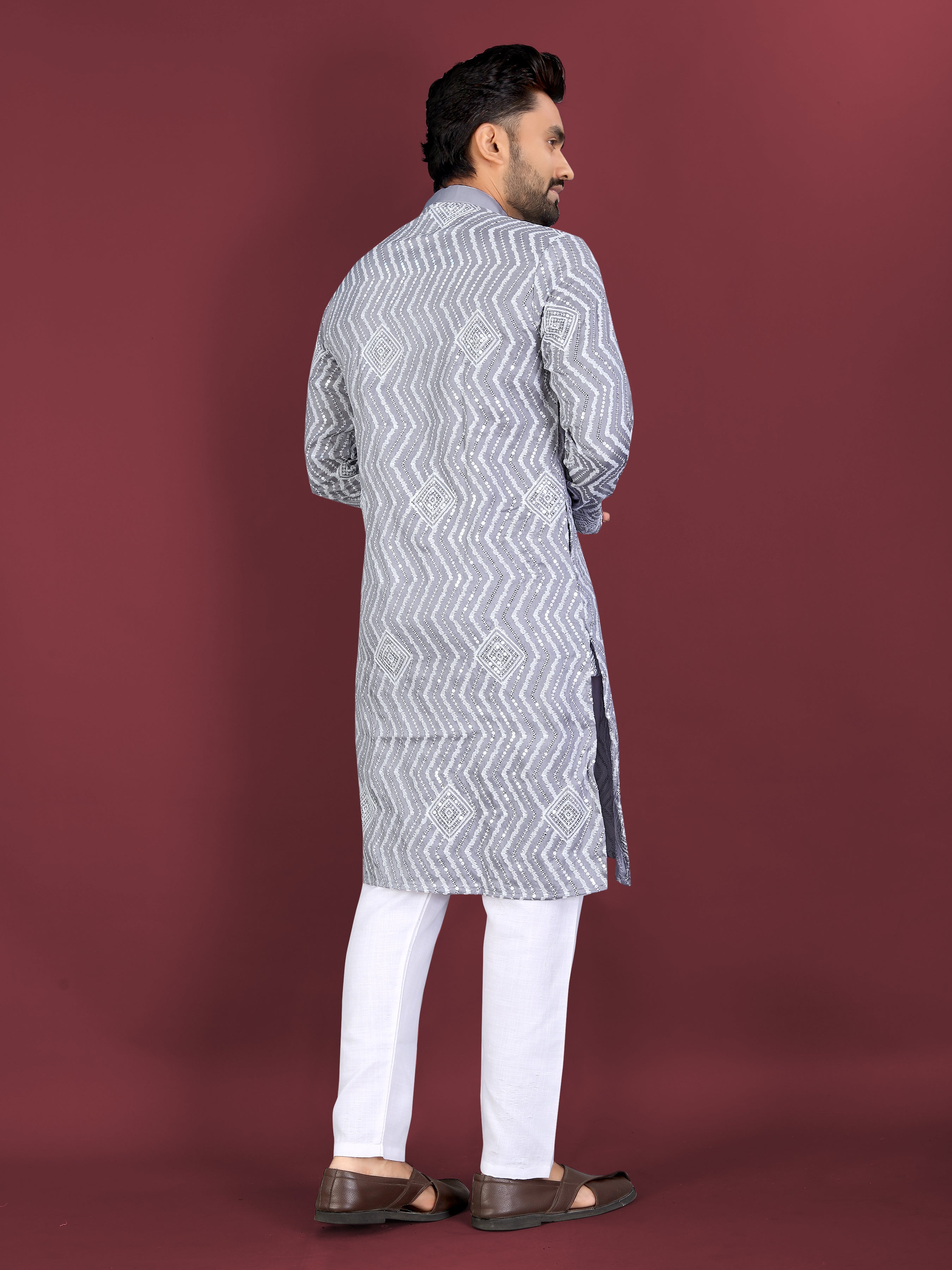 Men’s Saiyaara  Silk Kurta with Cross Embroidery Grey