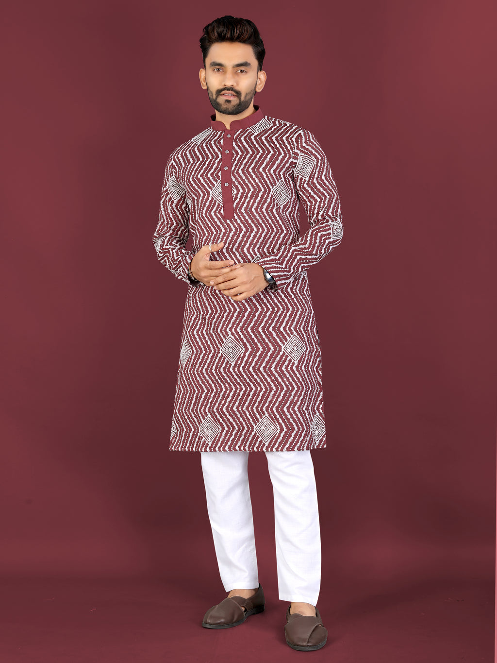 Men’s Saiyaara  Silk Kurta with Cross Embroidery Maroon