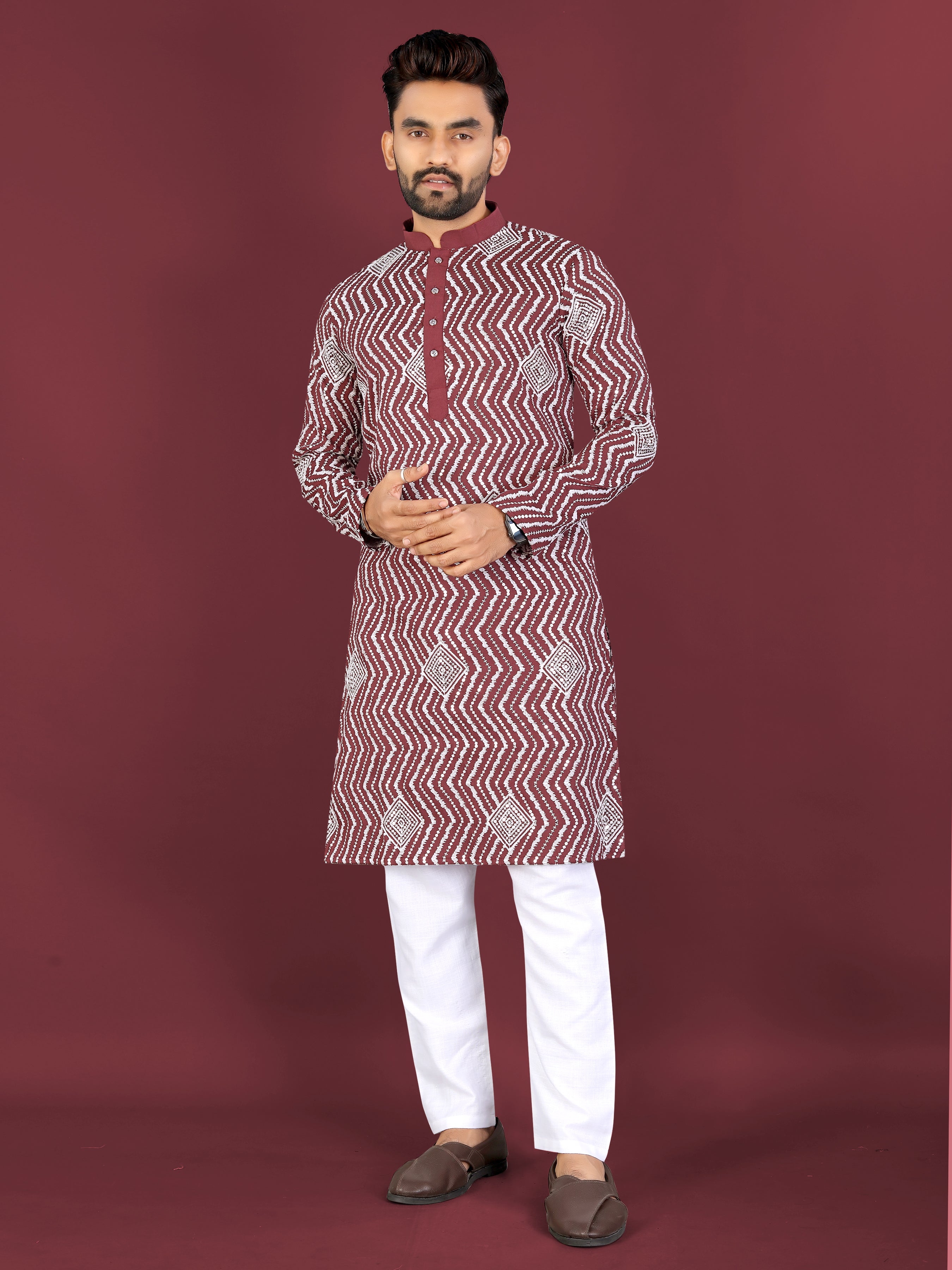 Men’s Saiyaara  Silk Kurta with Cross Embroidery Maroon