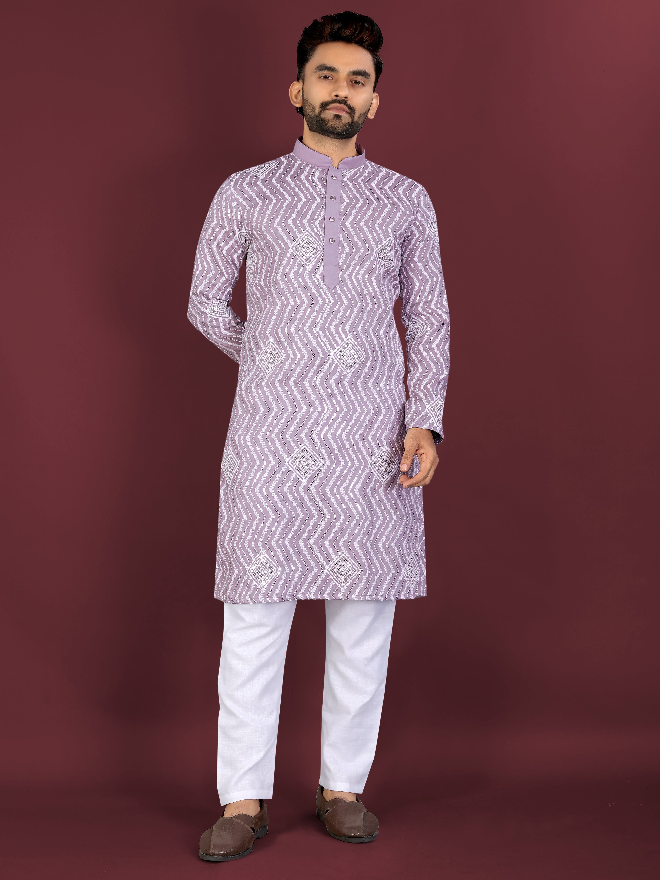 Men’s Saiyaara  Silk Kurta with Cross Embroidery Lavender
