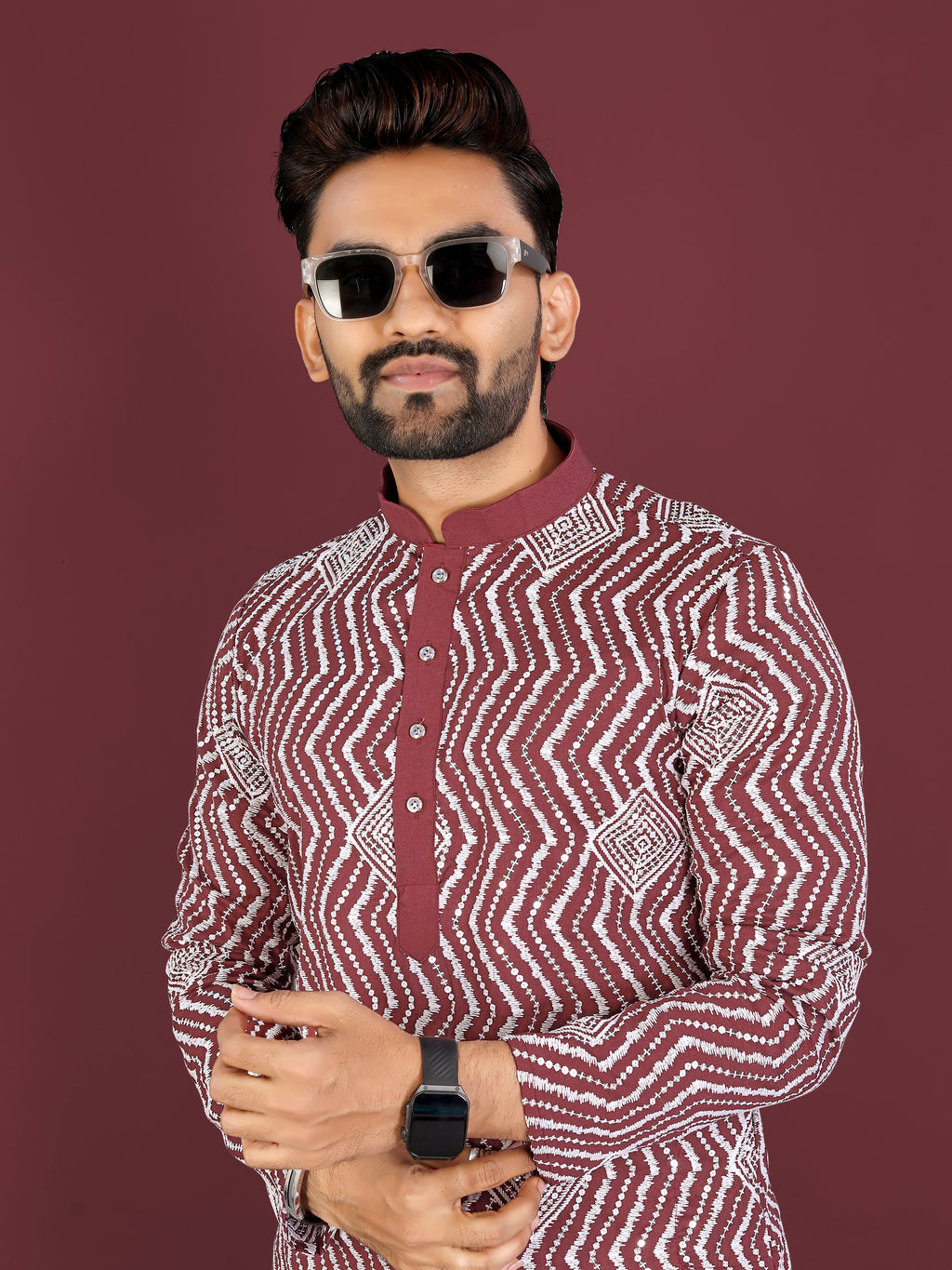 Men’s Saiyaara  Silk Kurta with Cross Embroidery Maroon