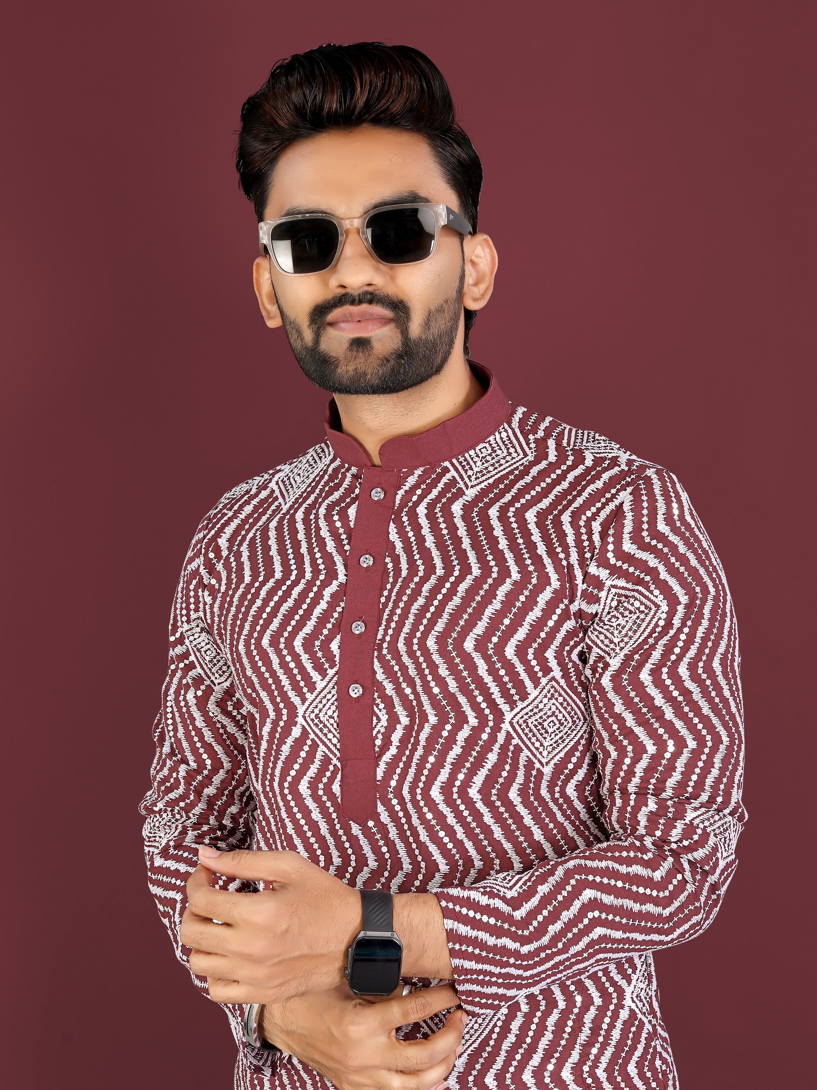 Men’s Saiyaara  Silk Kurta with Cross Embroidery Maroon