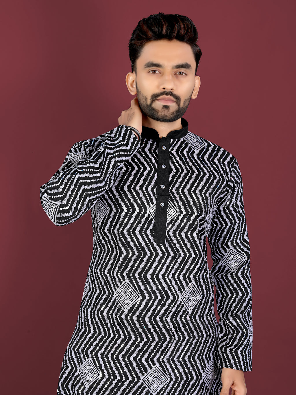 Men’s Saiyaara  Silk Kurta with Cross Embroidery Black