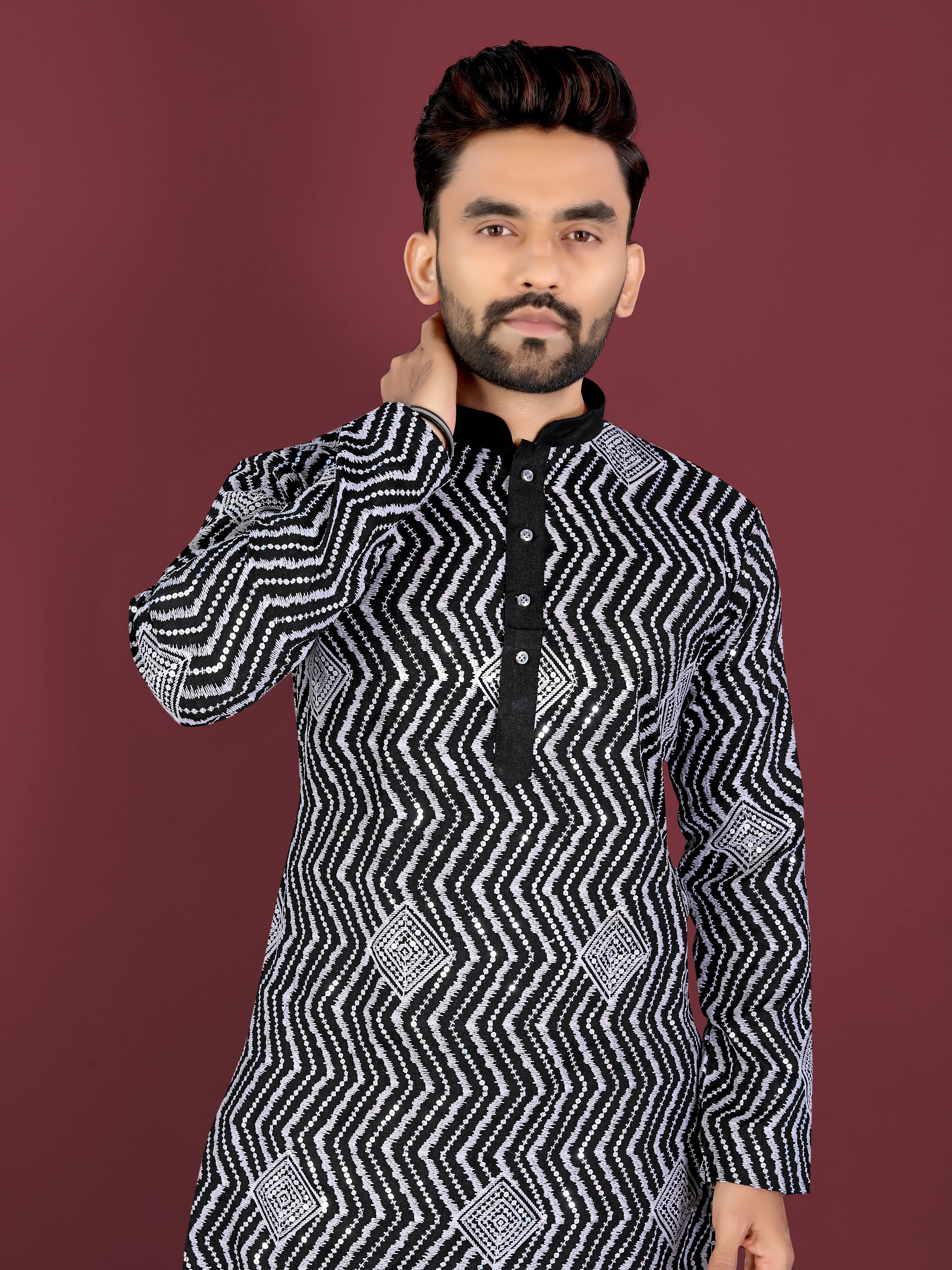Men’s Saiyaara  Silk Kurta with Cross Embroidery Black