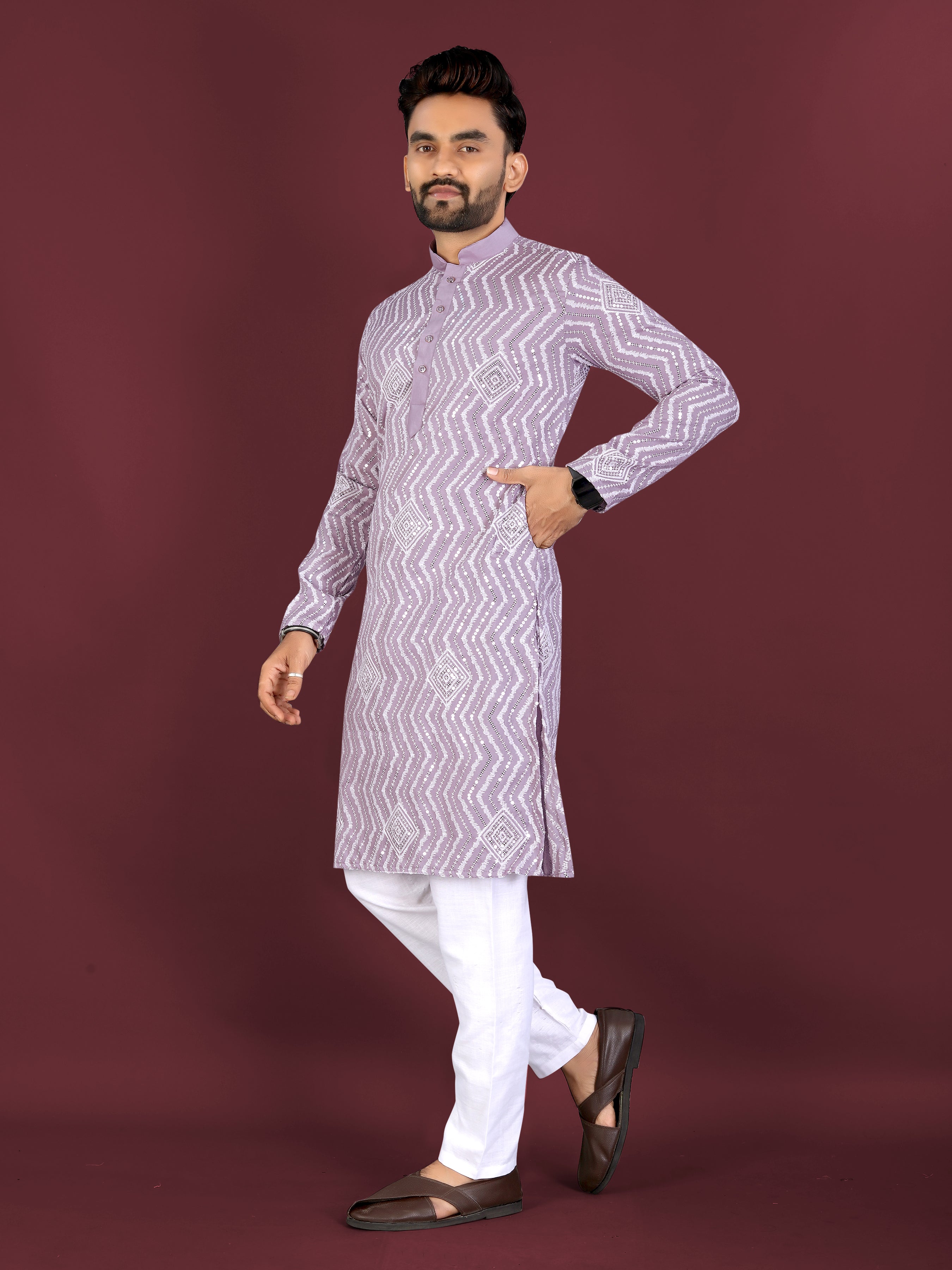 Men’s Saiyaara  Silk Kurta with Cross Embroidery Lavender