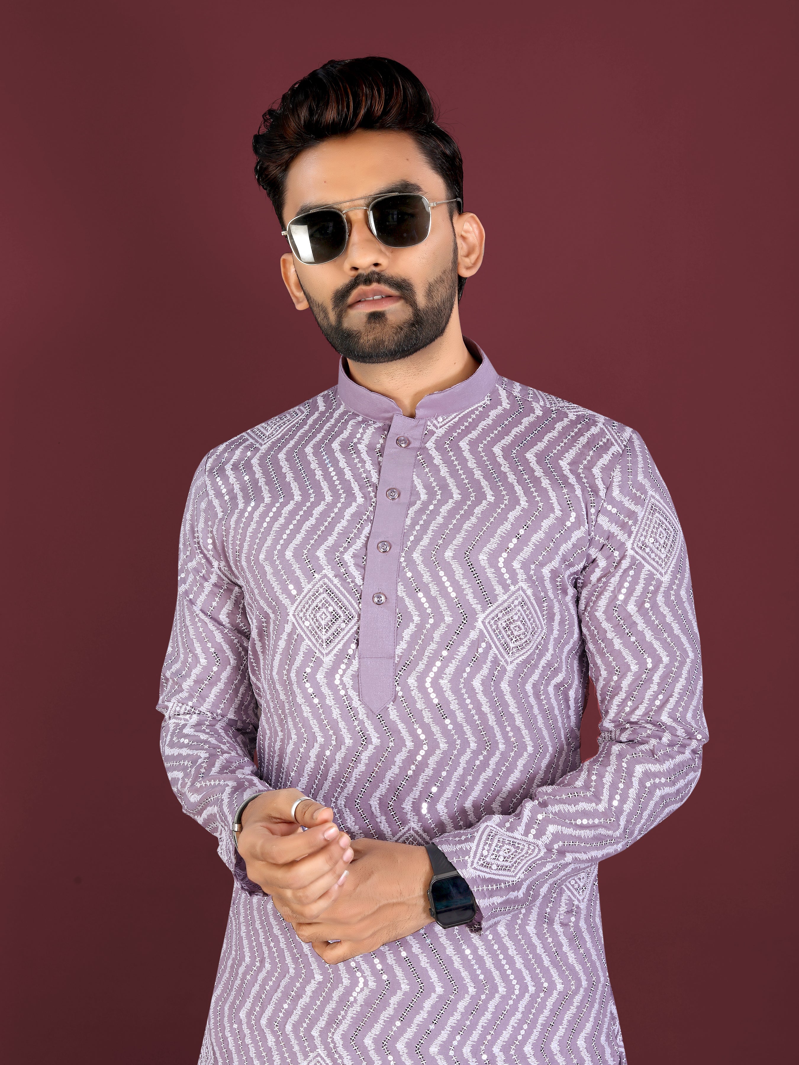 Men’s Saiyaara  Silk Kurta with Cross Embroidery Lavender