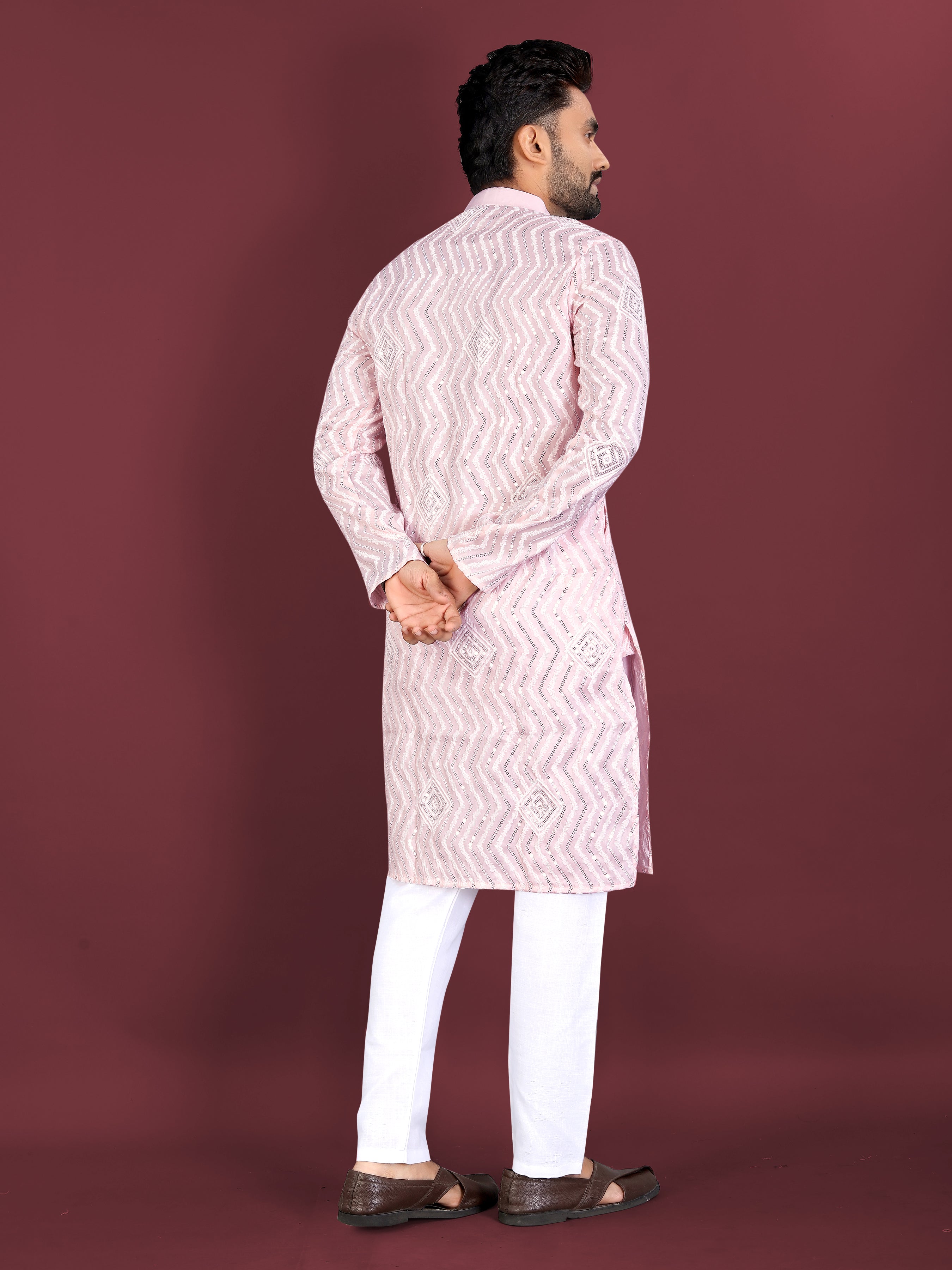 Men’s Saiyaara  Silk Kurta with Cross Embroidery Baby Pink