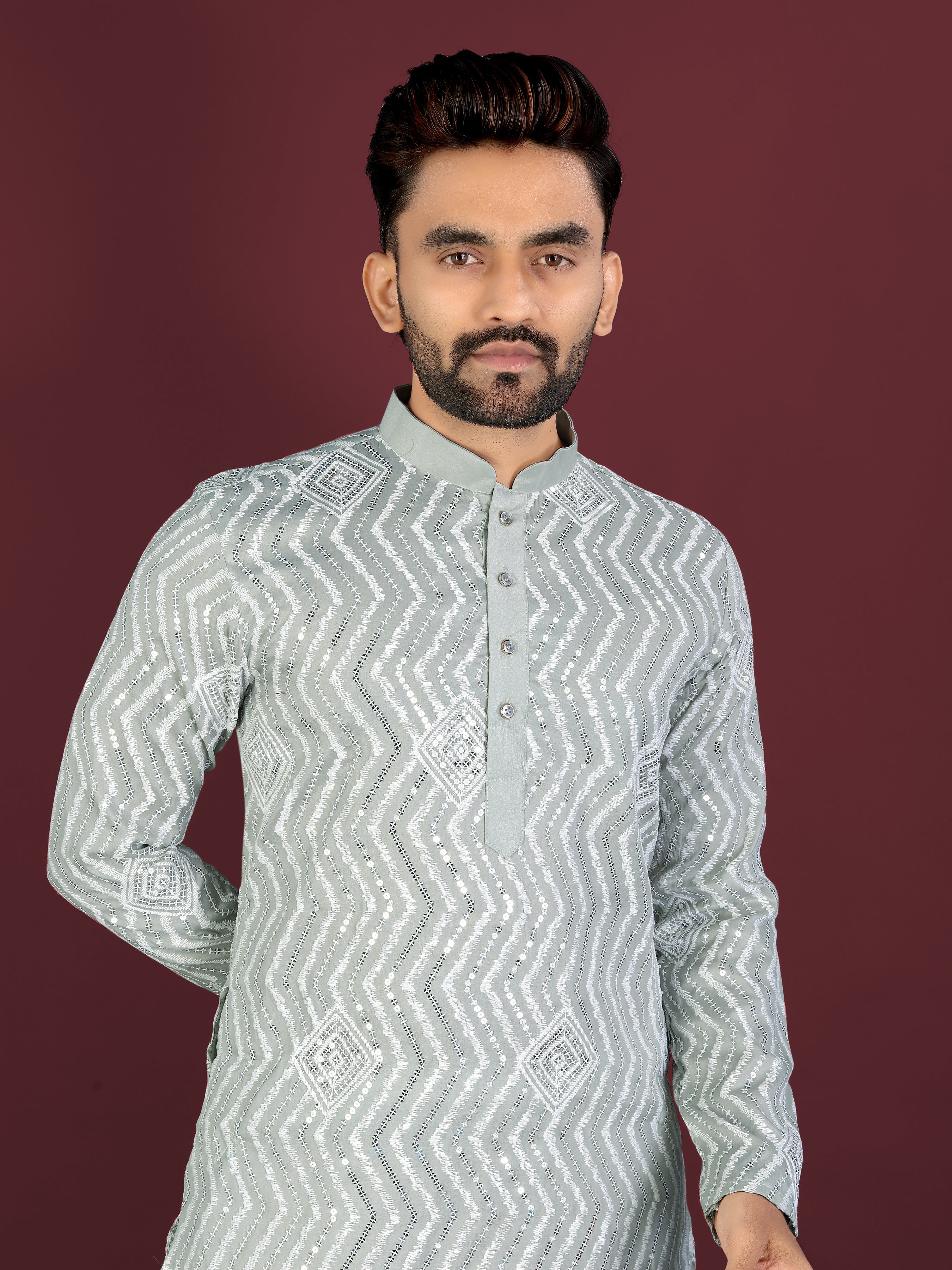 Men’s Saiyaara  Silk Kurta with Cross Embroidery Pista