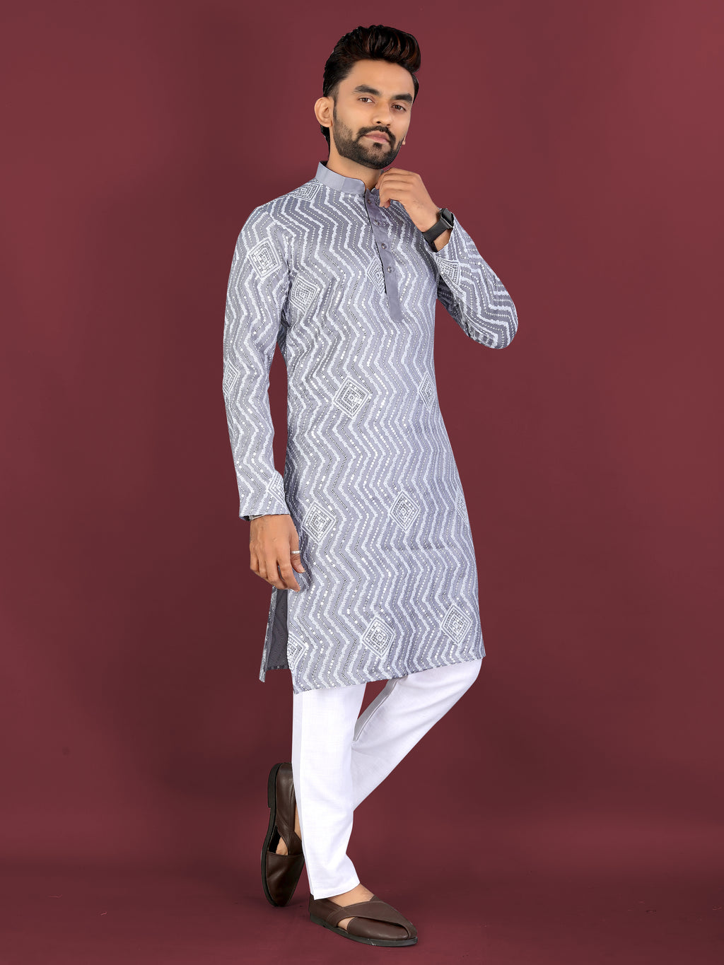 Men’s Saiyaara  Silk Kurta with Cross Embroidery Grey