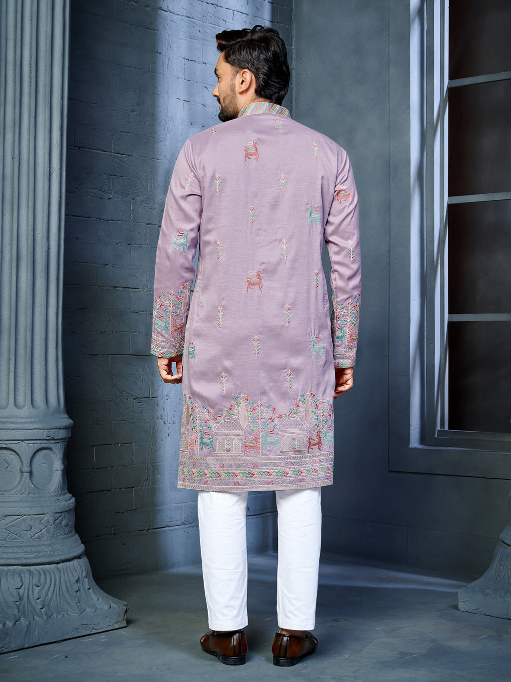 Men’s  Silk Kurta with Deer Embroidery Lavender