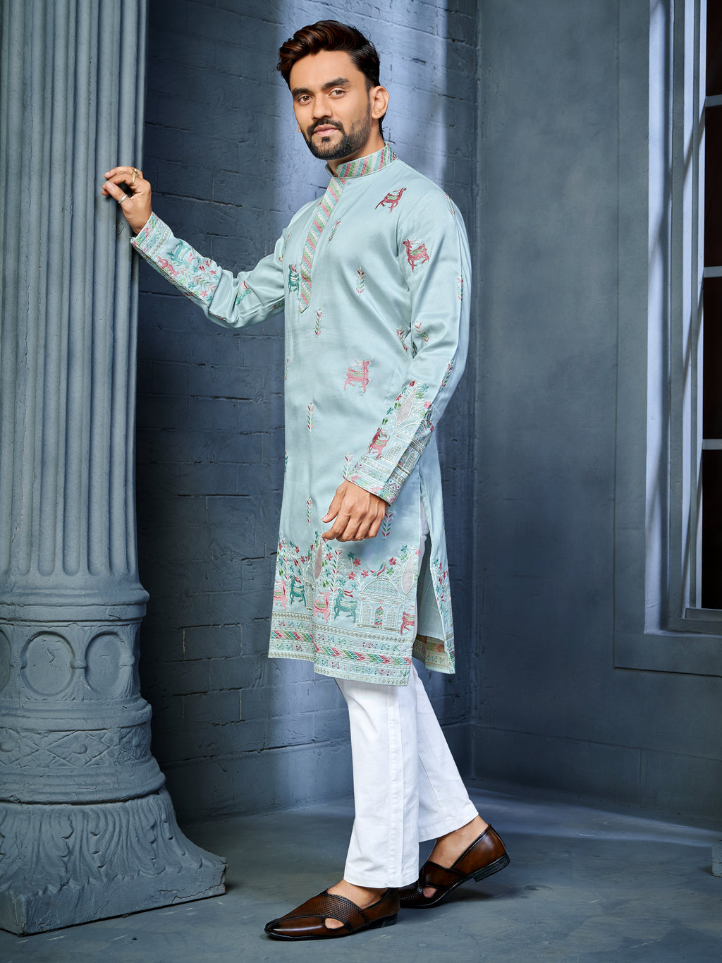 Men’s  Silk Kurta with Deer Embroidery Sky Blue