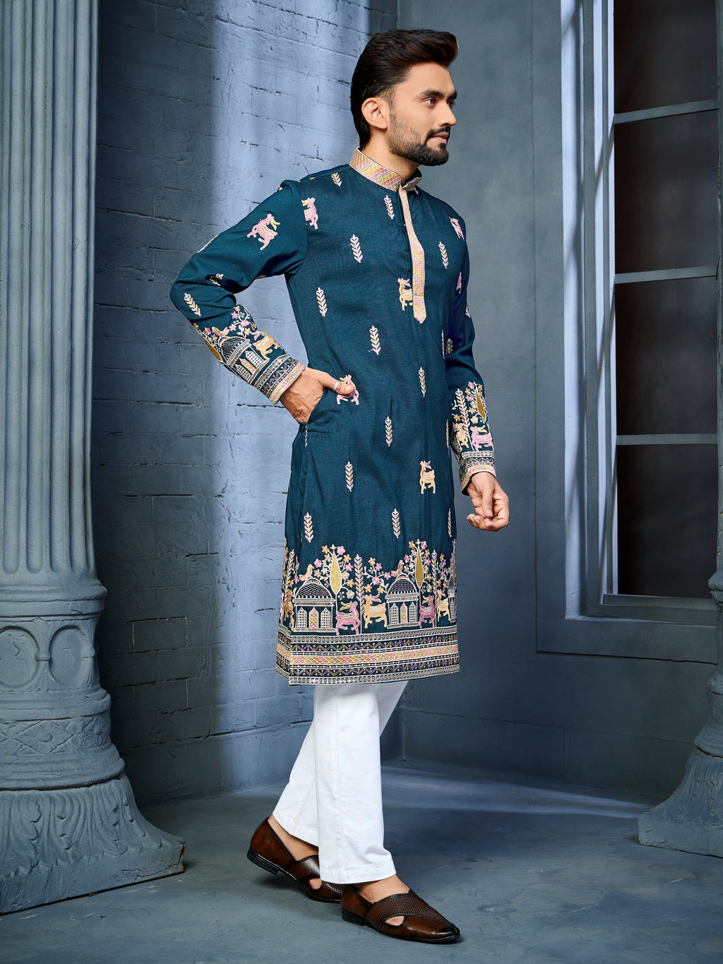 Men’s  Silk Kurta with Deer Embroidery Bottle Green