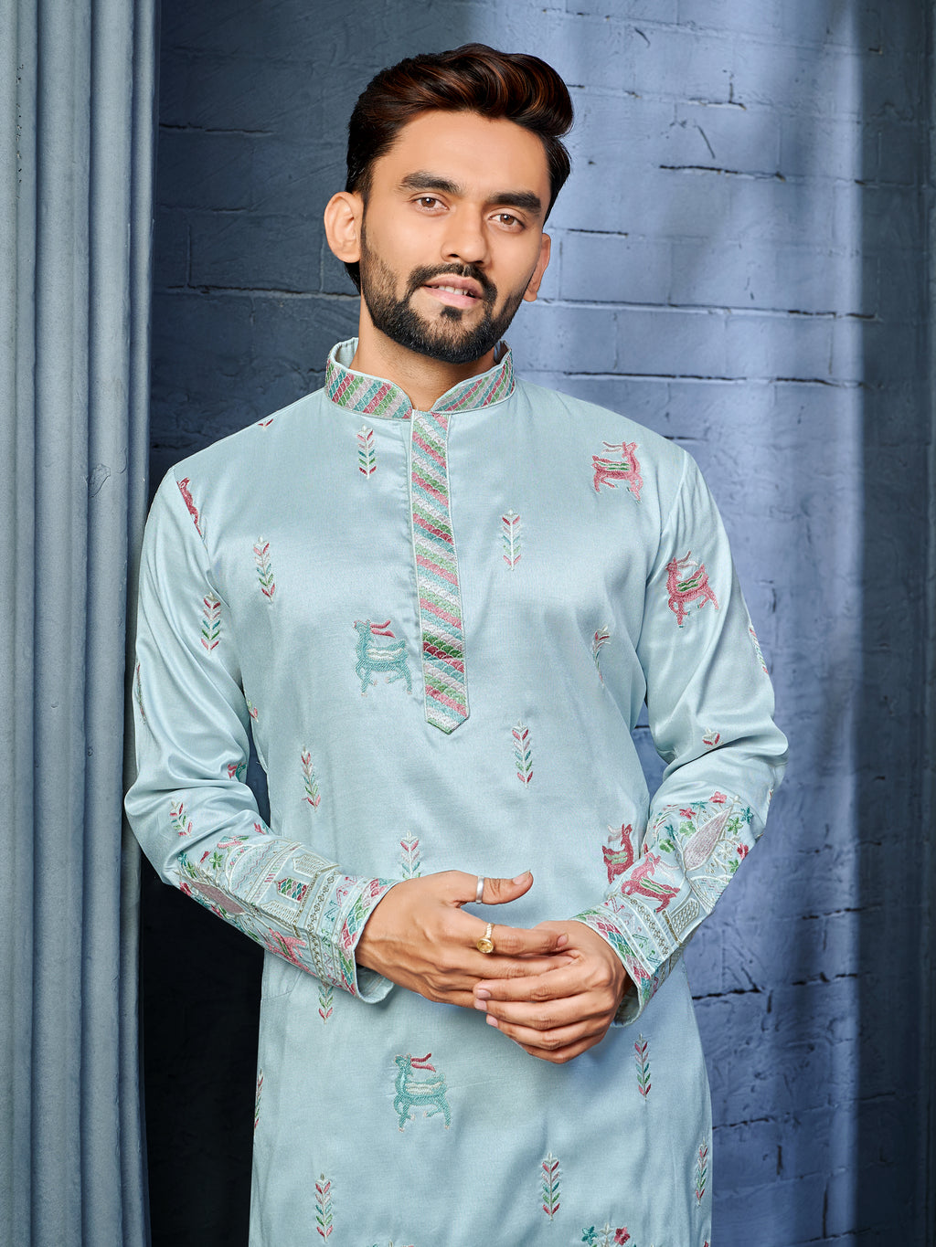 Men’s  Silk Kurta with Deer Embroidery Sky Blue