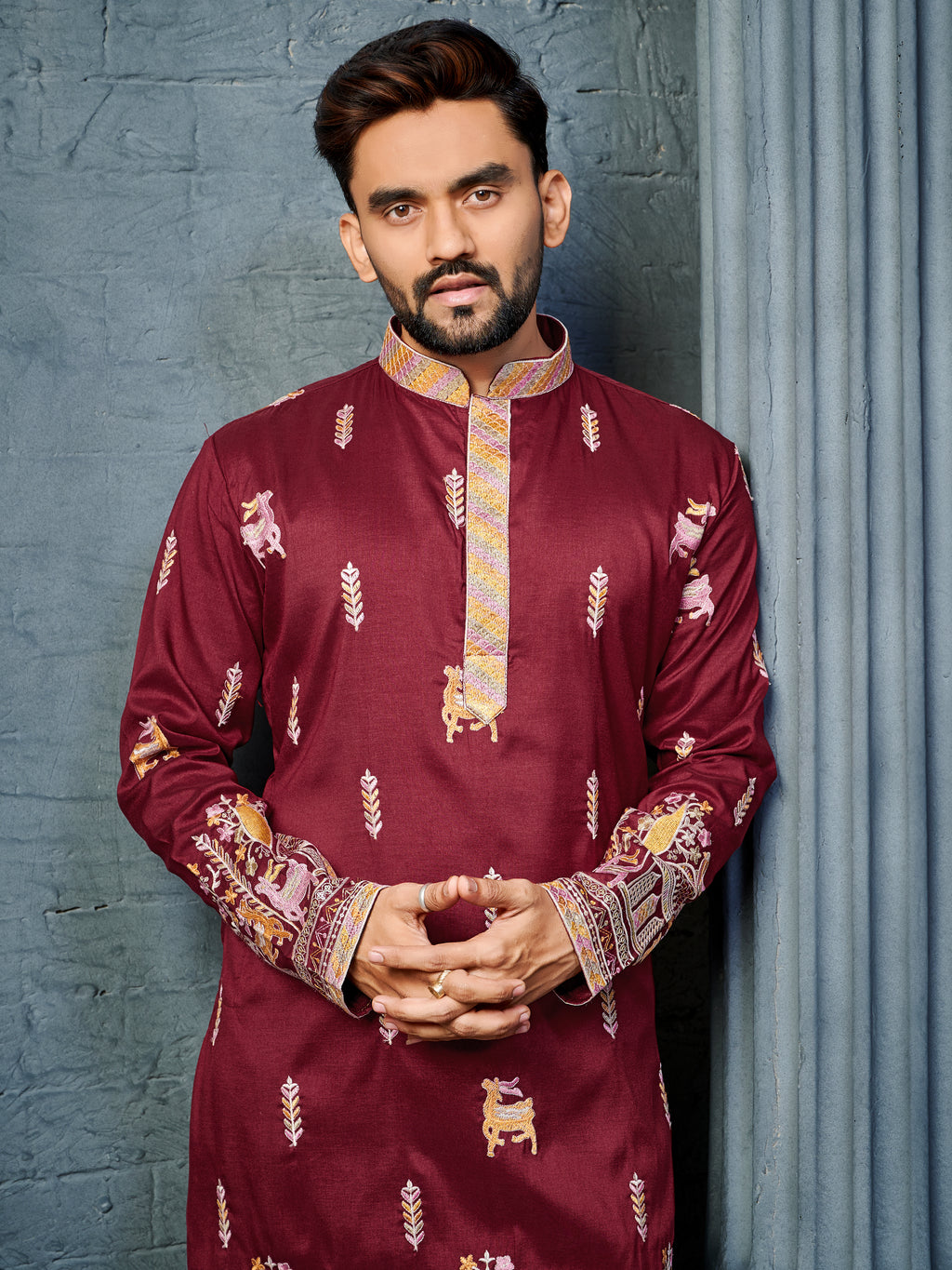 Men’s  Silk Kurta with Deer Embroidery Red