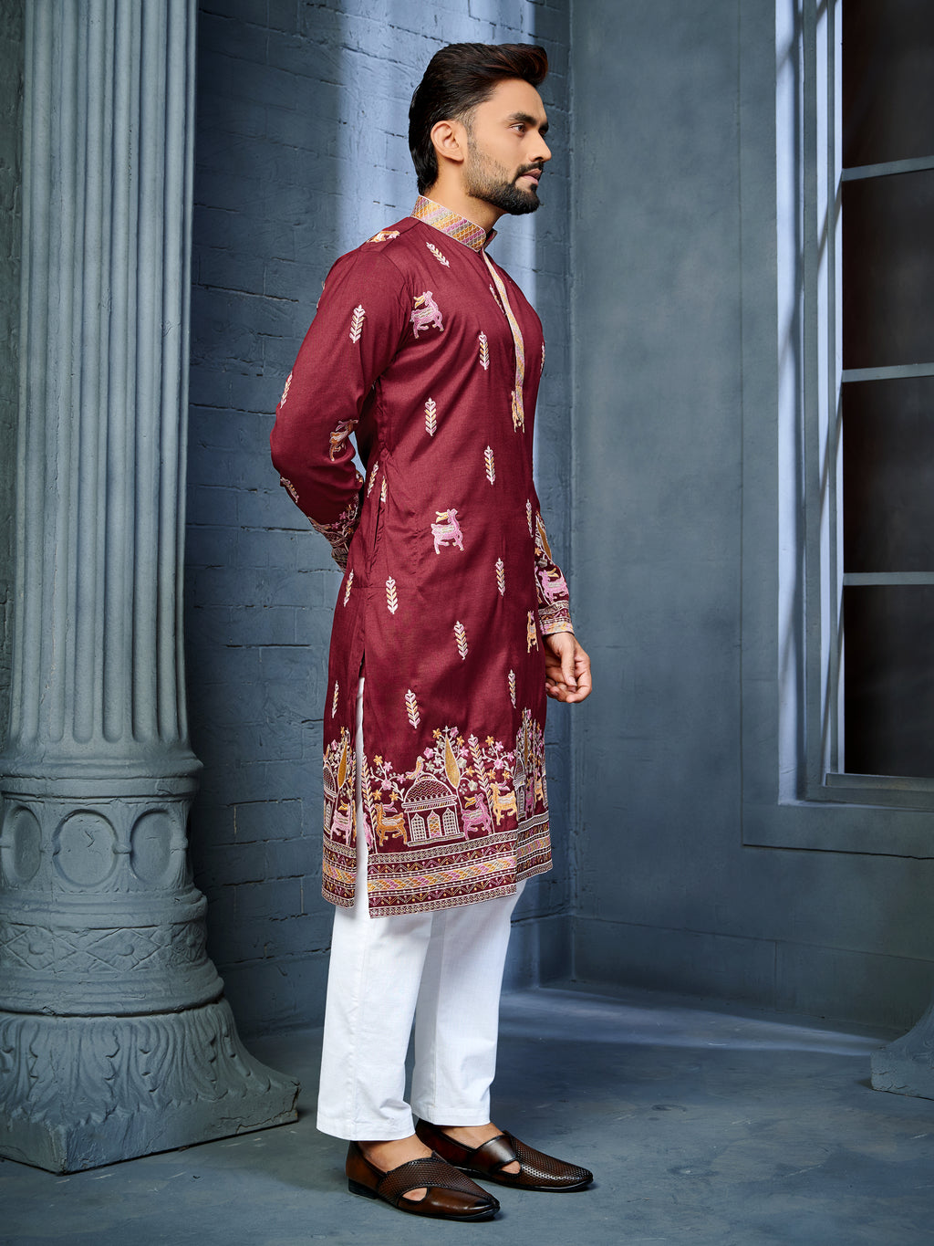 Men’s  Silk Kurta with Deer Embroidery Red