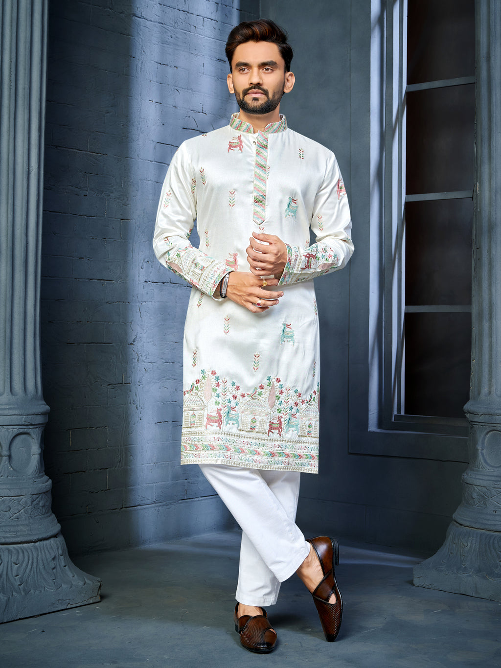 Men’s  Silk Kurta with Deer Embroidery White