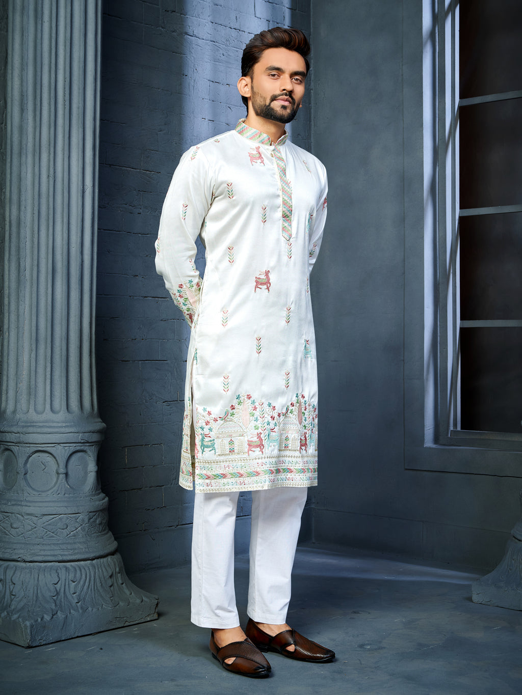 Men’s  Silk Kurta with Deer Embroidery White