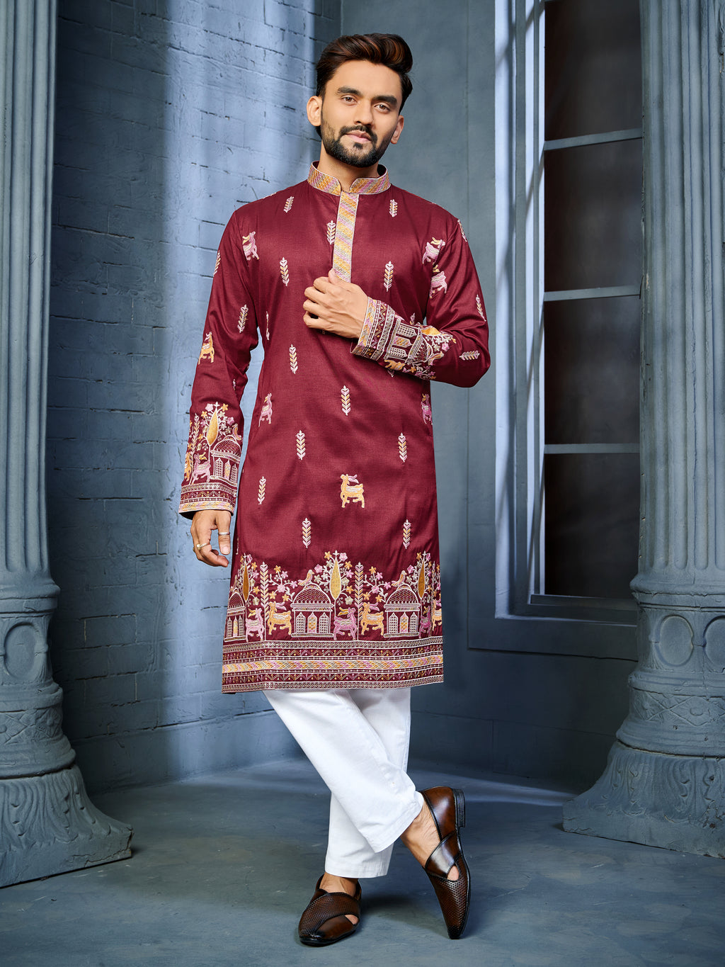 Men’s  Silk Kurta with Deer Embroidery Red