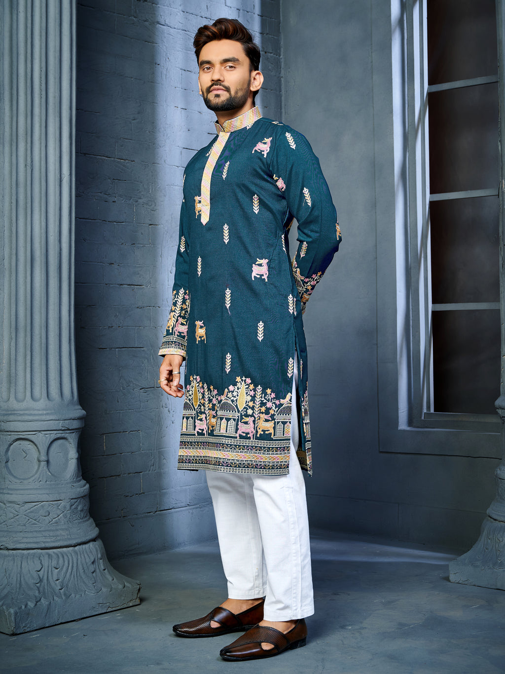 Men’s  Silk Kurta with Deer Embroidery Bottle Green