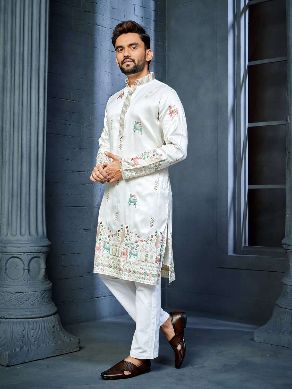 Men’s  Silk Kurta with Deer Embroidery White