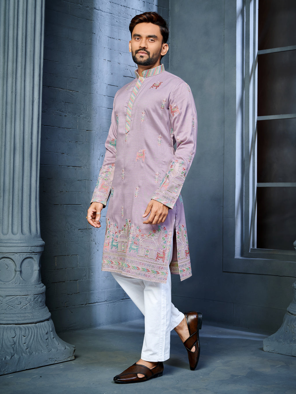 Men’s  Silk Kurta with Deer Embroidery Lavender