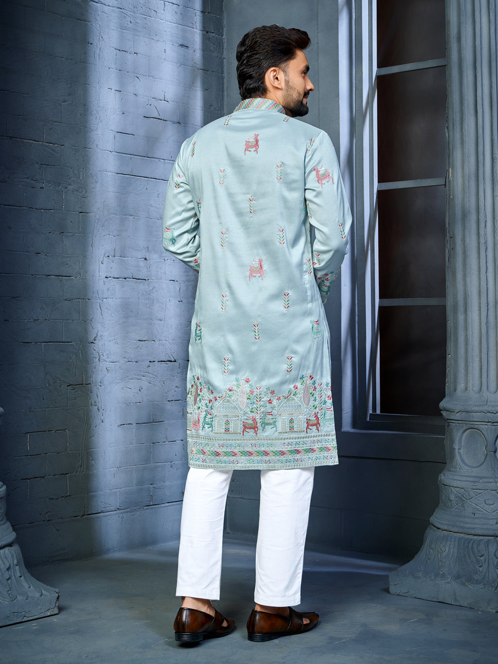 Men’s  Silk Kurta with Deer Embroidery Sky Blue