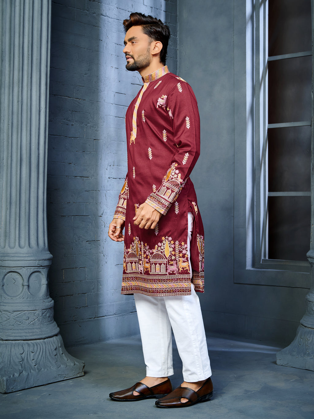Men’s  Silk Kurta with Deer Embroidery Red