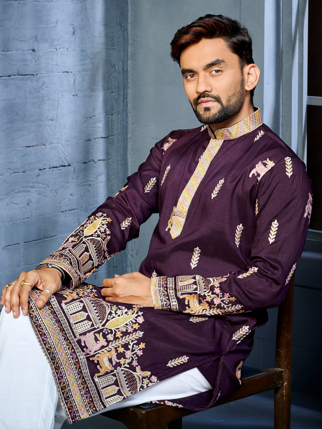 Men’s  Silk Kurta with Deer Embroidery Wine