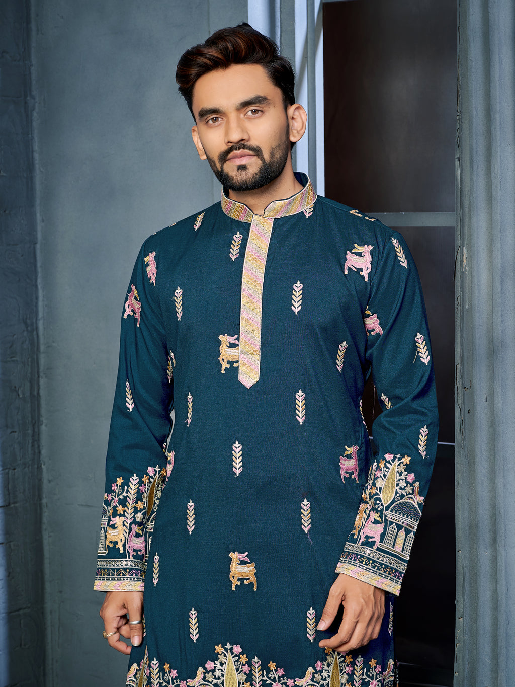 Men’s  Silk Kurta with Deer Embroidery Bottle Green