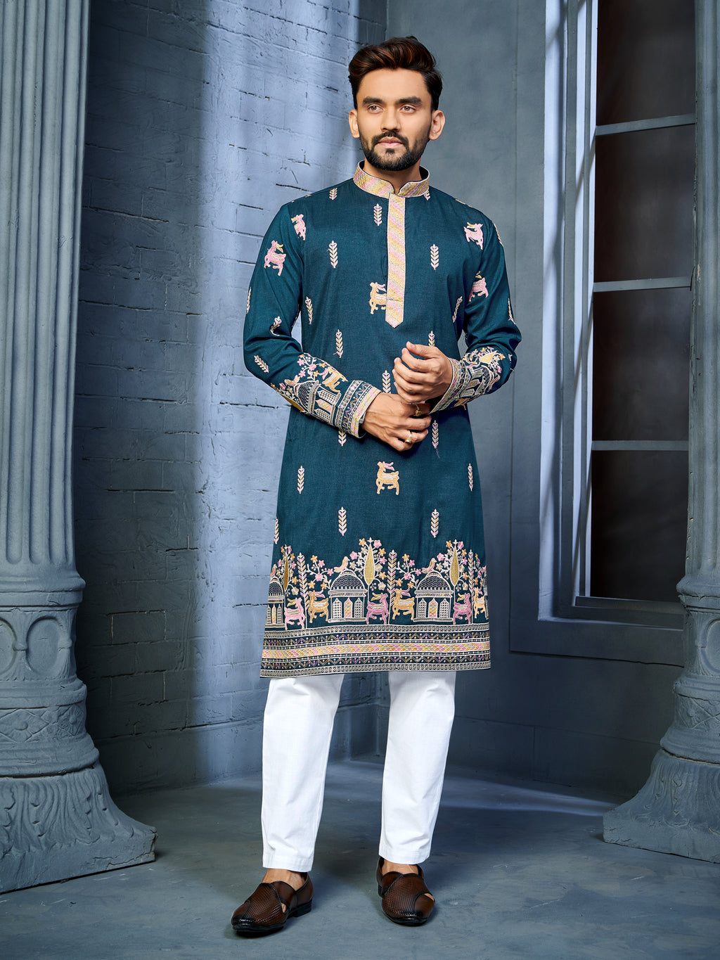 Men’s  Silk Kurta with Deer Embroidery Bottle Green